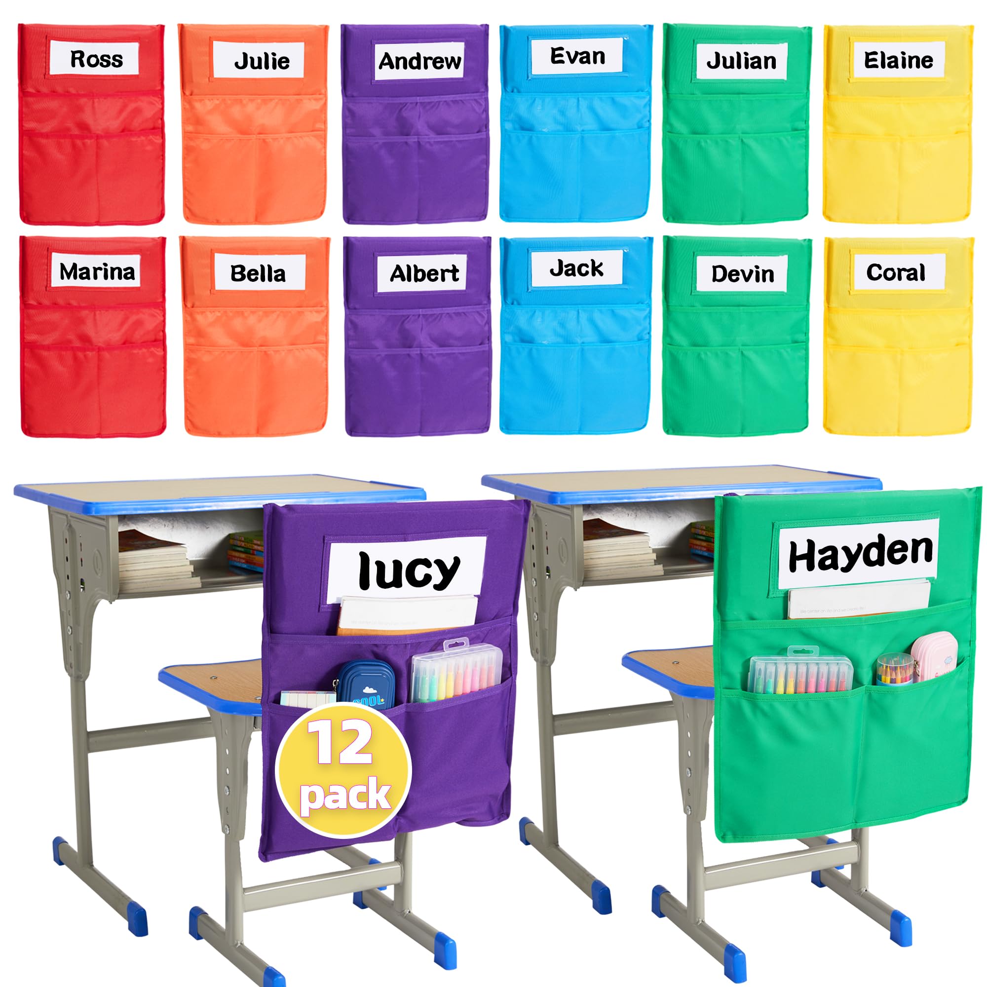12 pack Chairback Buddy Pocket Chart, Chairback Buddy Pocket Chair Pockets for Classroom with 3 Pockets and 1 Student Name Tag, Chair Pockets Organizer
