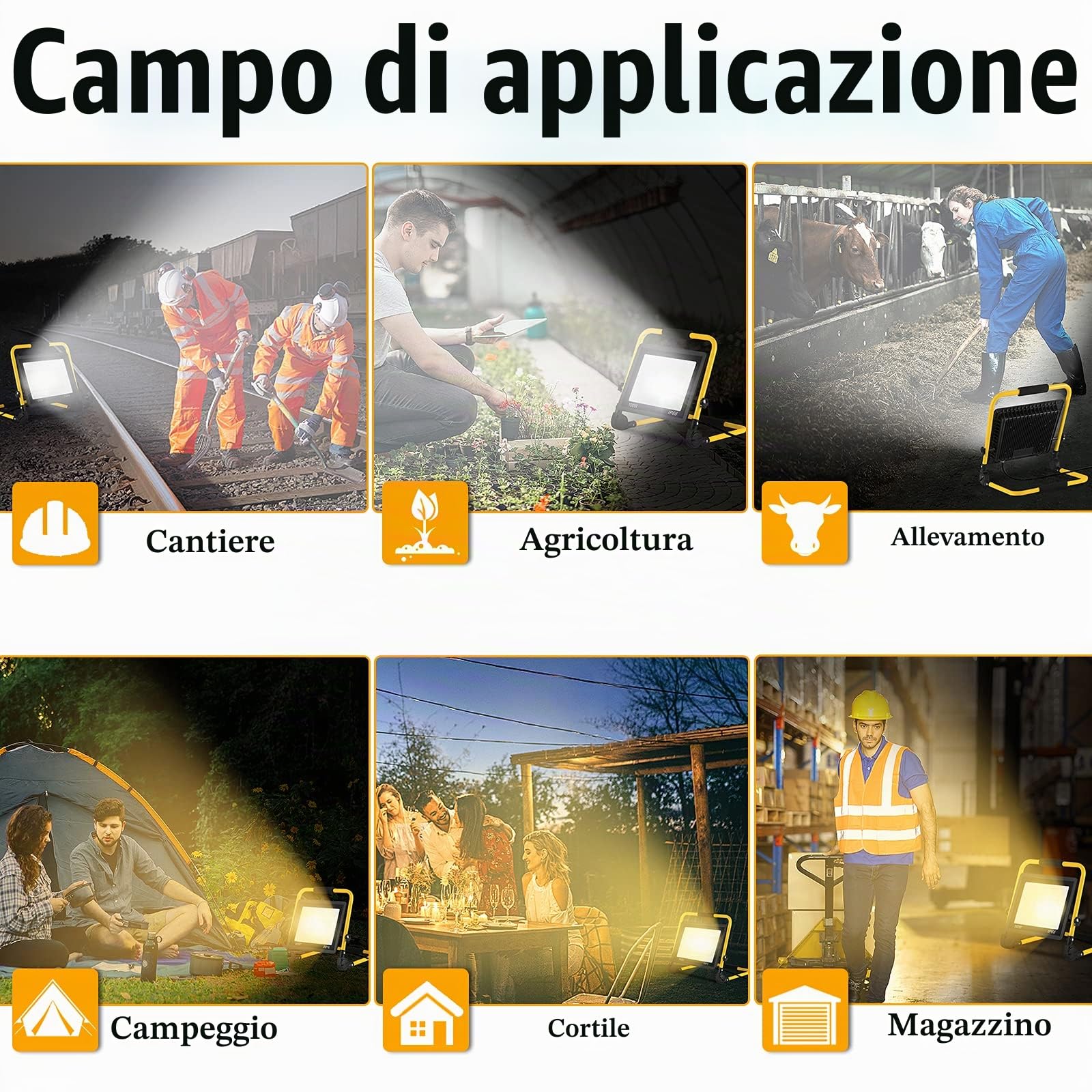 UISEBRT Faro da Lavoro a LED 200W Bianco Caldo faretto da cantiere incluso cavo di alimentazione Proiettore a LED Luce da lavoro impermeabile IP66 per garage, giardino, cantiere