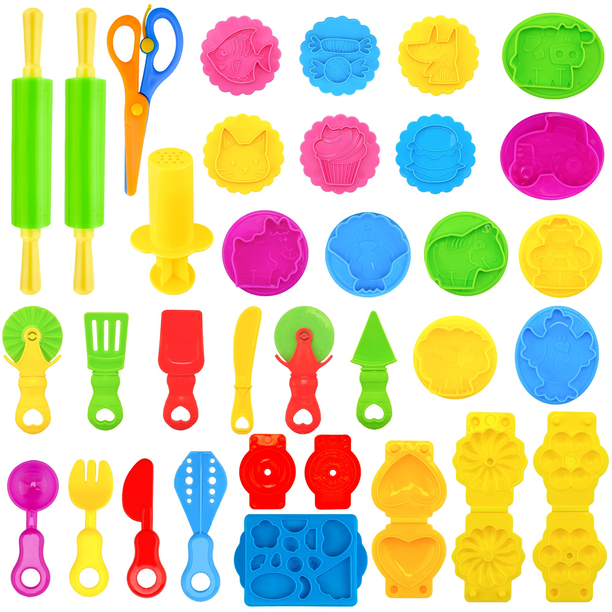 Dough Tools Play for Kids,33 PCS Dough Tool Set Includes Rolling Pins,Safety Scissors,Extruder,Kitchen Creative Tools and Molds