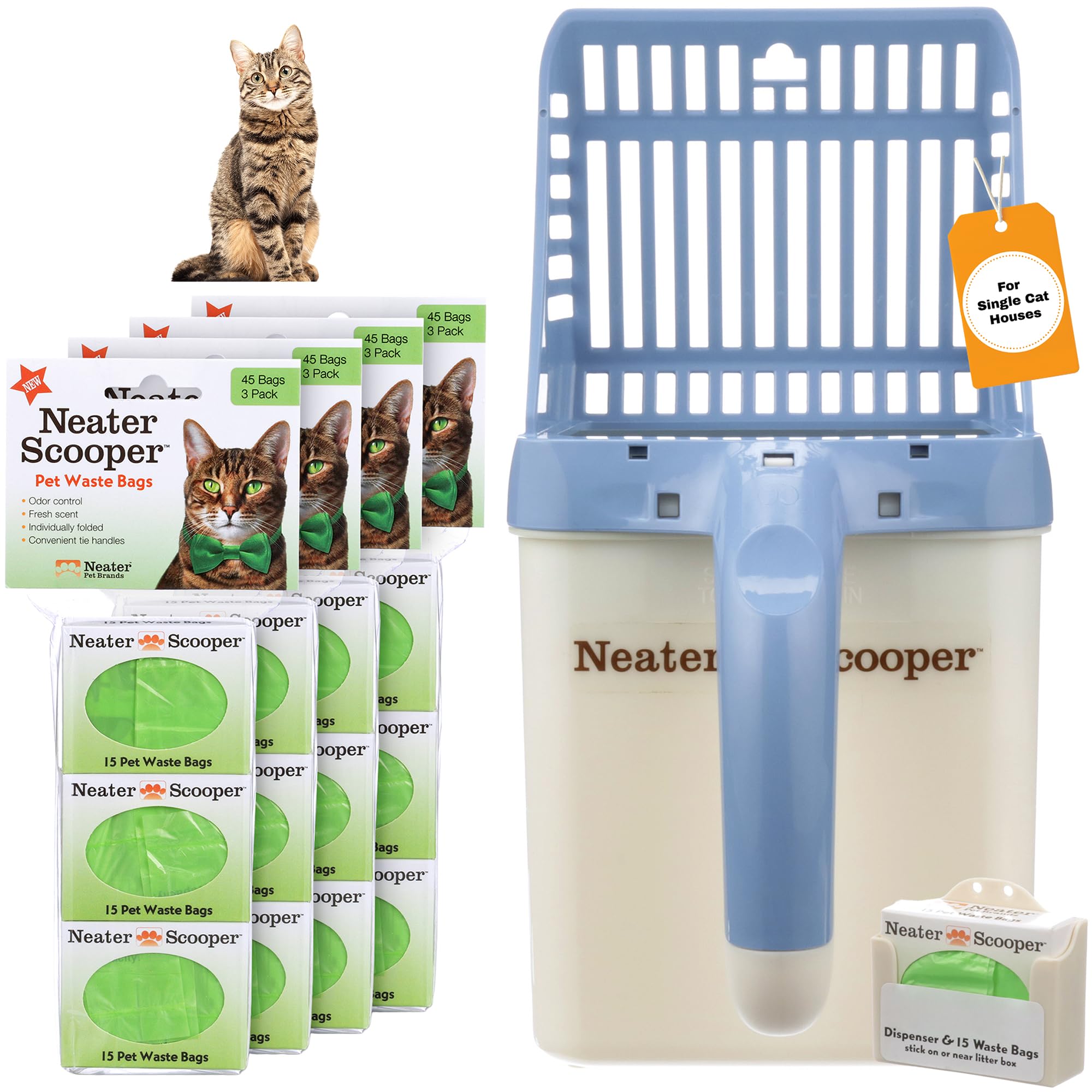 Neater Pet Brands Neater Scooper Standard Cat Litter Scoop, 195 Refill Bags – Mess-Free Cat Litter Scooper with Bag, Spill-Proof Kitty Box Sifter, Bin