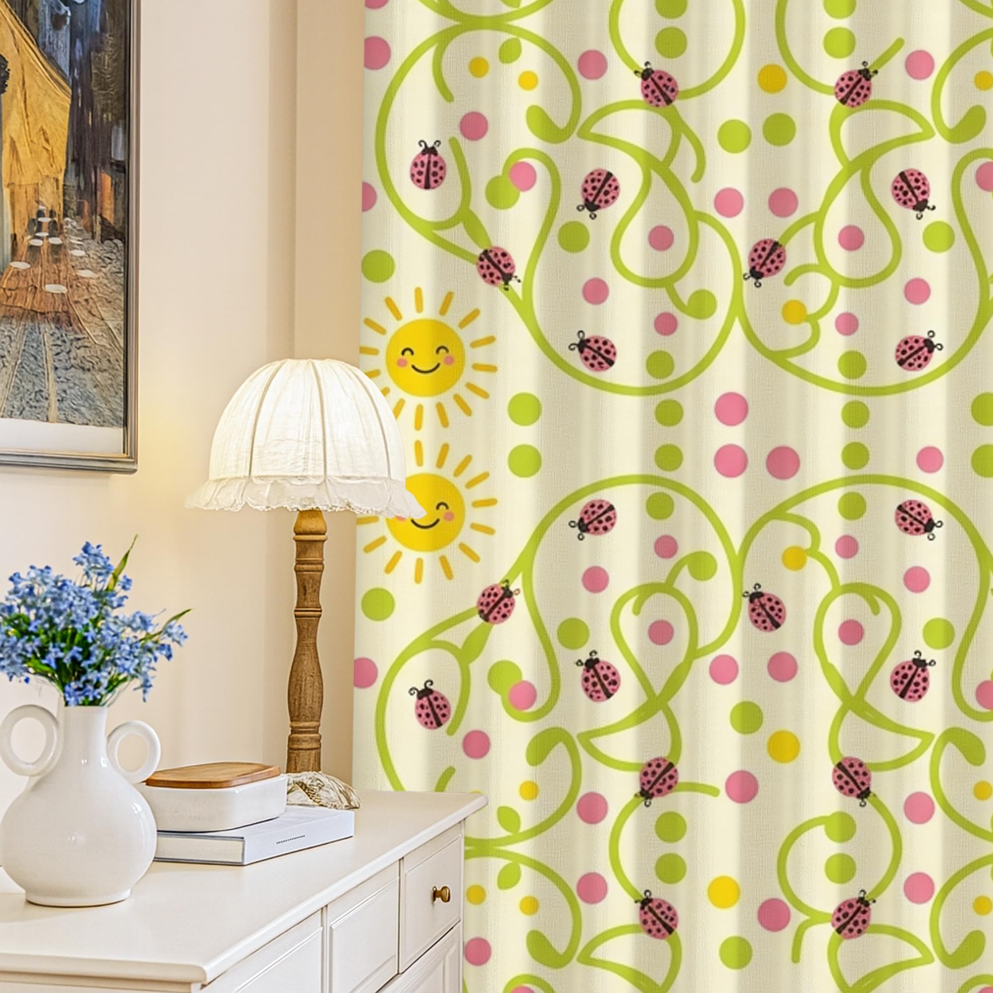 Tende oscuranti per sole, giocose fantasiose coccinelle rampicanti gialle termiche tende per finestre per ufficio, 132 x 239 cm