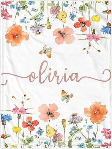 Lcyawer Mantas de bebé personalizadas con nombre, plantas, flores, mantas de bebé florales personalizadas para niñas, regalos personalizados para