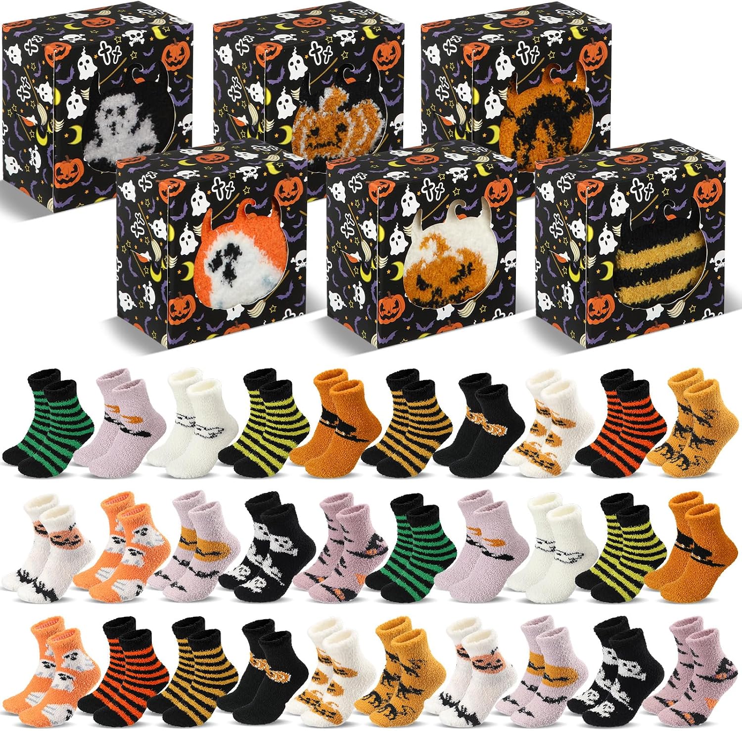 Chicingyou Halloween Fuzzy Socks Bulk with Kraft Boxes Colorful Soft Warm Socks Boo Spooky for Holiday Party Favor