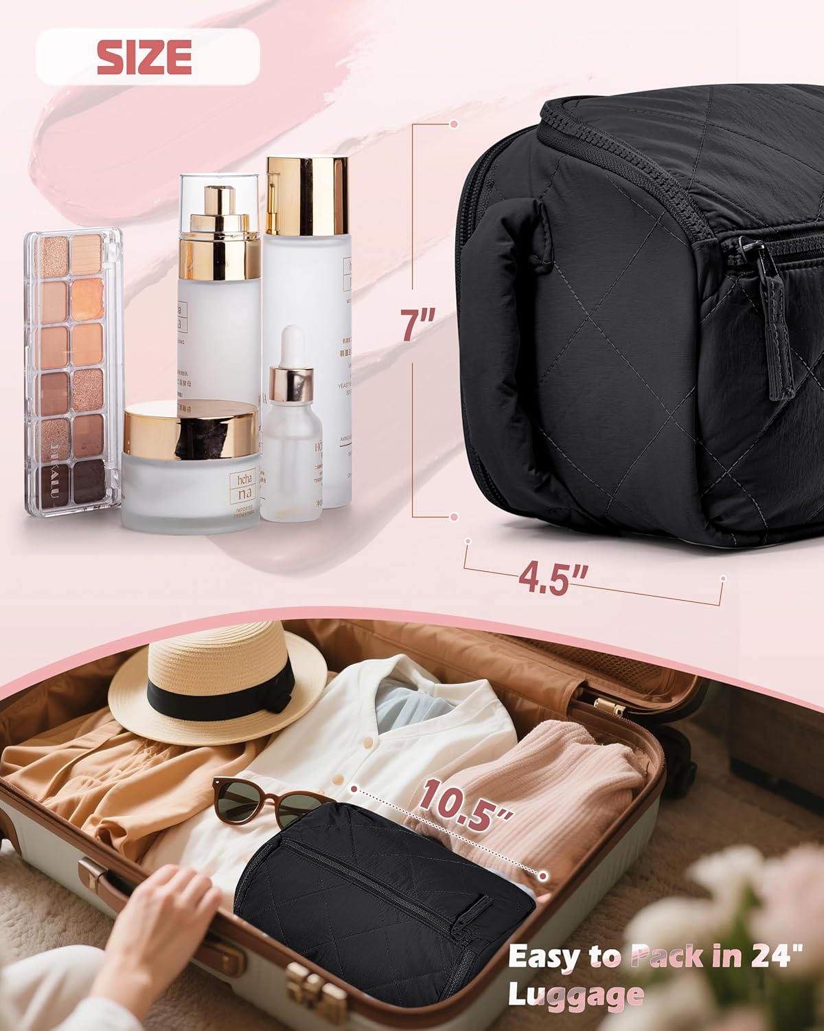 Travel Toiletry Bag for Women, Water Resistant Makeup Organizer with Wide-Open Design for Toiletries and Cosmetics, Black (Bag Only) - Image 4