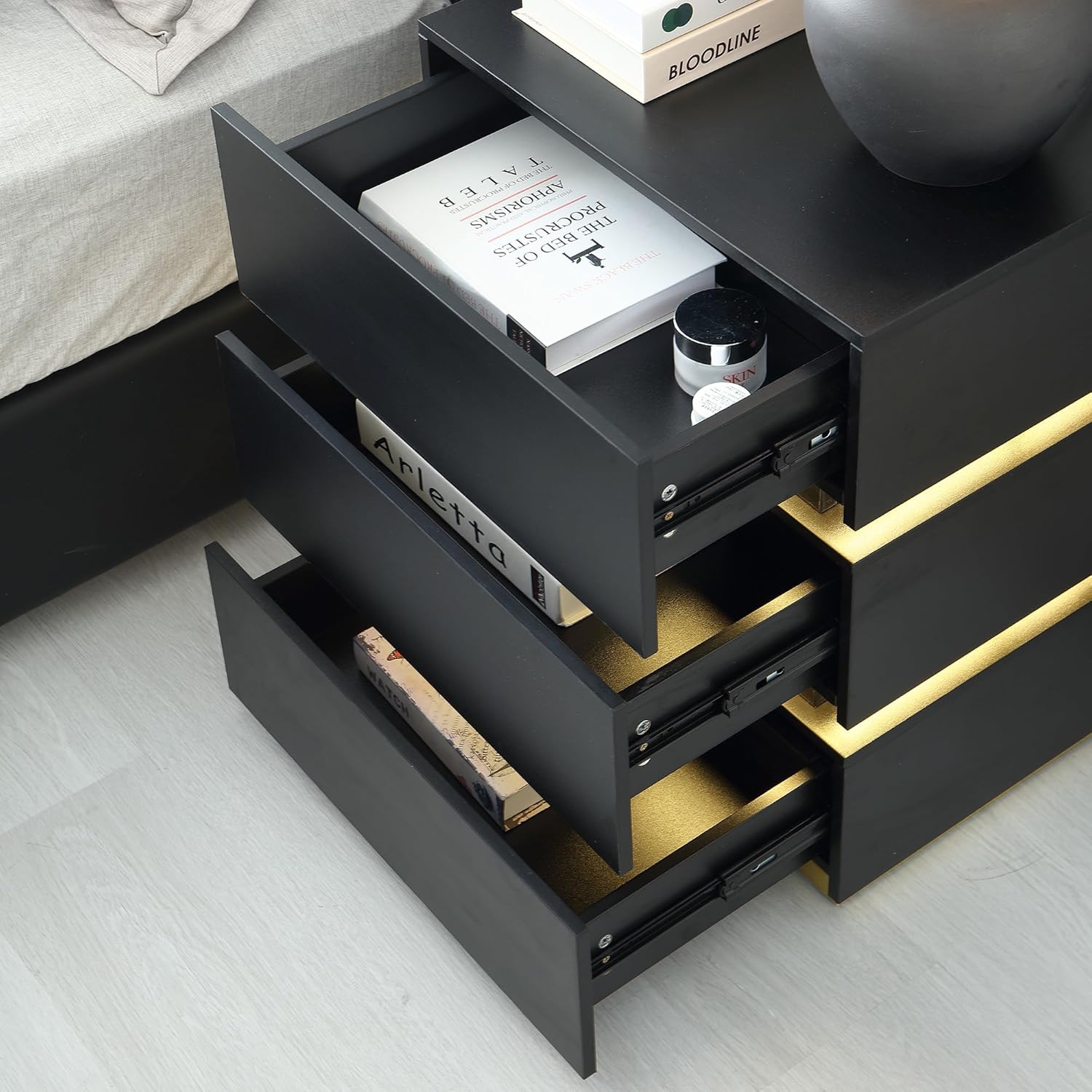 Black Nightstand, LED Bedside Table with 3 Storage Drawers, Modern End Table with Charging Ports & Outlets, Bedside Tables for Living Room/Bedroom