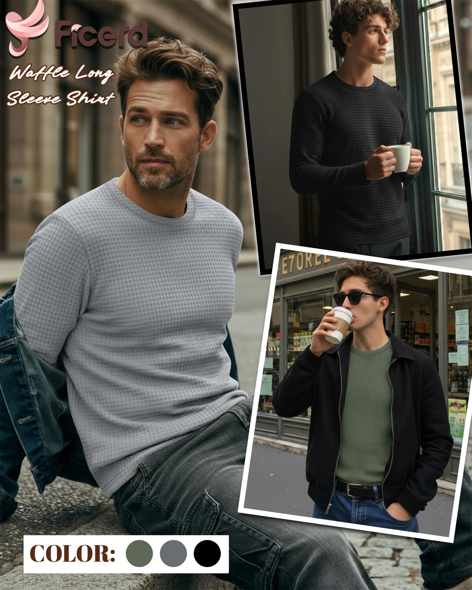 Camisas de manga larga para hombre, ropa interior térmica, cuello redondo, manga larga, informal, con textura