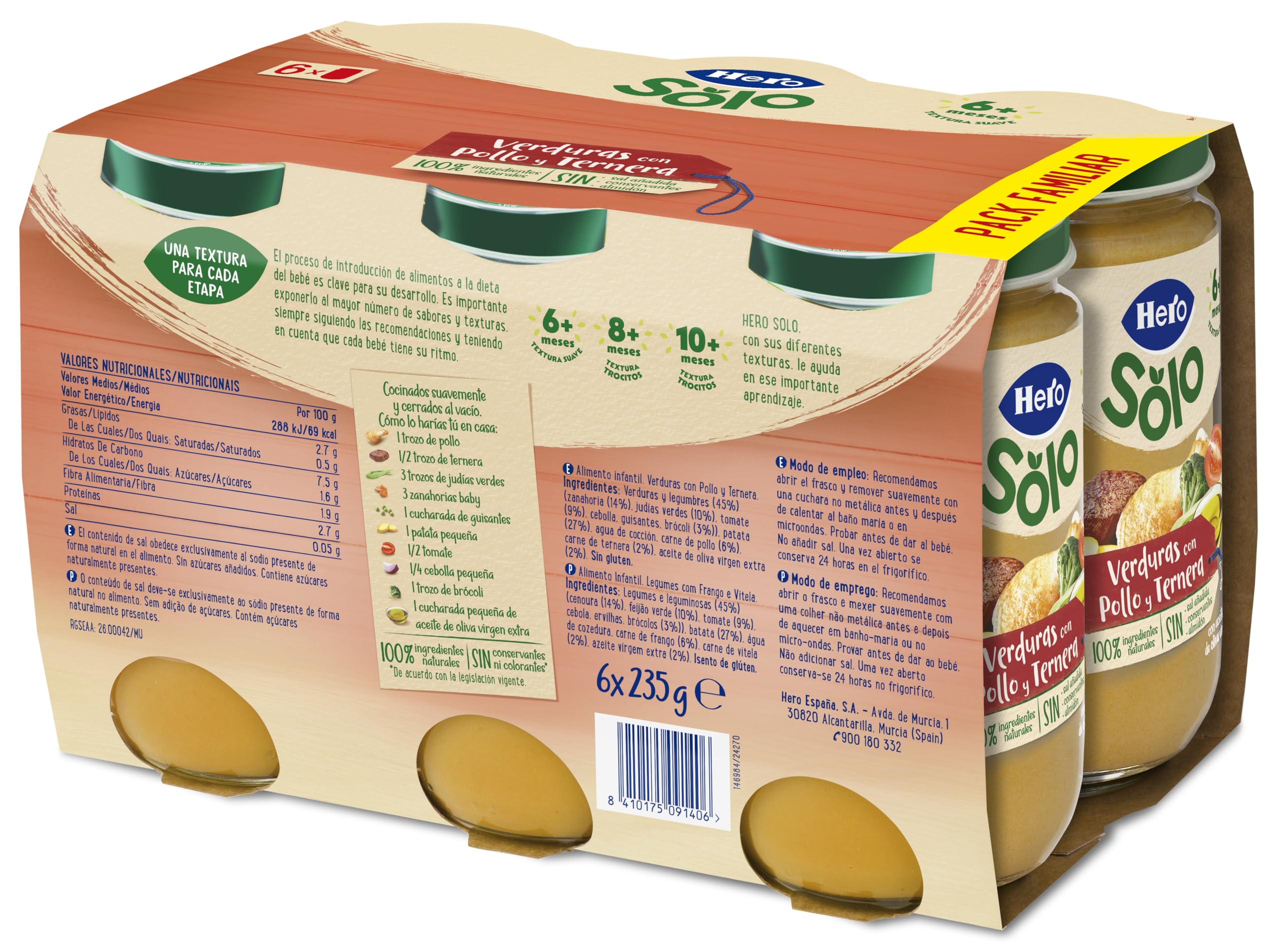 Hero Solo, Tarrito de Verduras con Pollo y Ternera, Desde 6 Meses, 100% Natural, Sin Azúcar Añadido ni Almidón, Calidad Baby Garantizada, 235g x 6 unidades