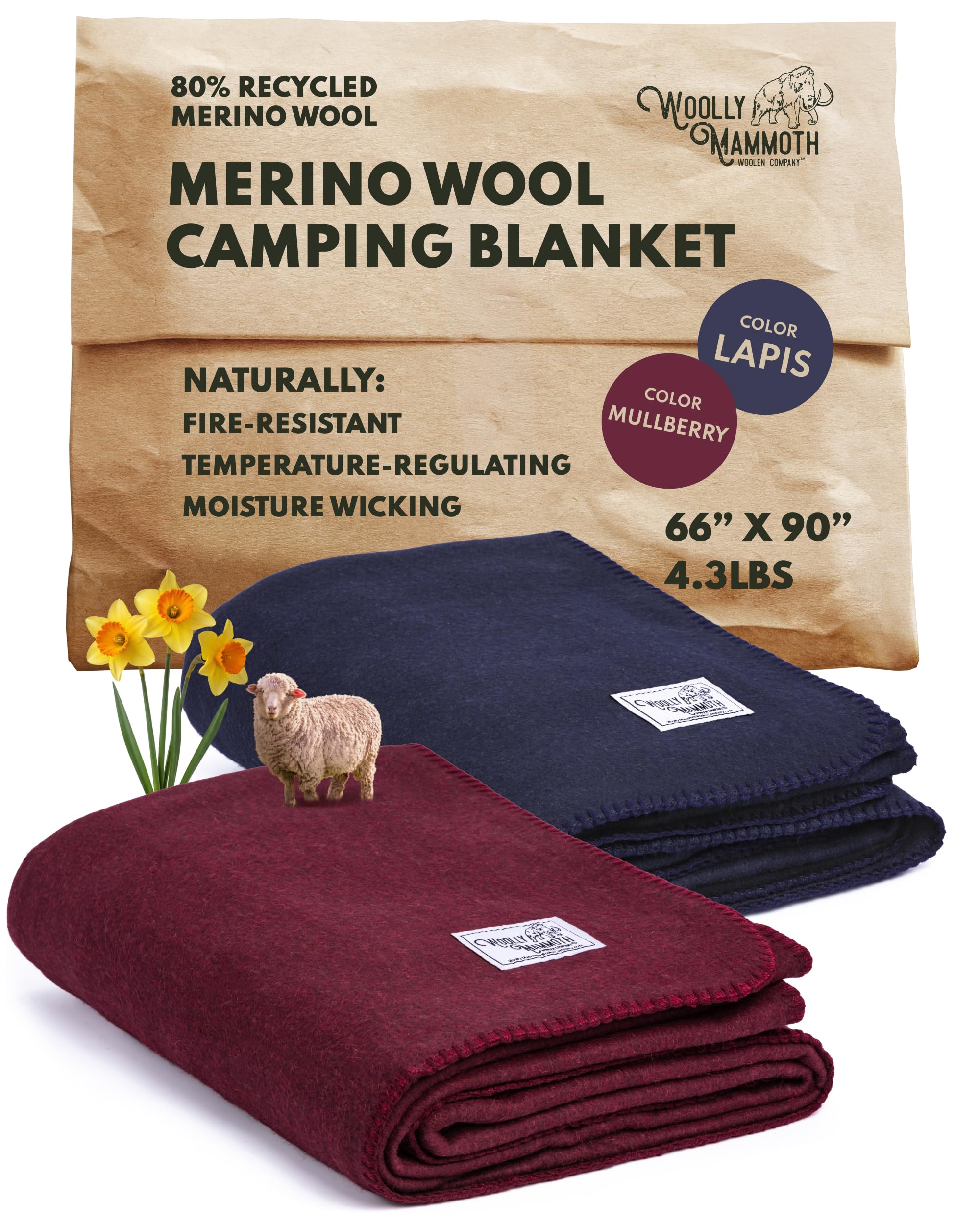 woolly mammoth 80% merino wool camping blanket 2-pack - naturally fire-resistant and temperature-regulating - for cold weather, camping, bushcraft and emergency car kits (66" x 90", lapis & mulberry)