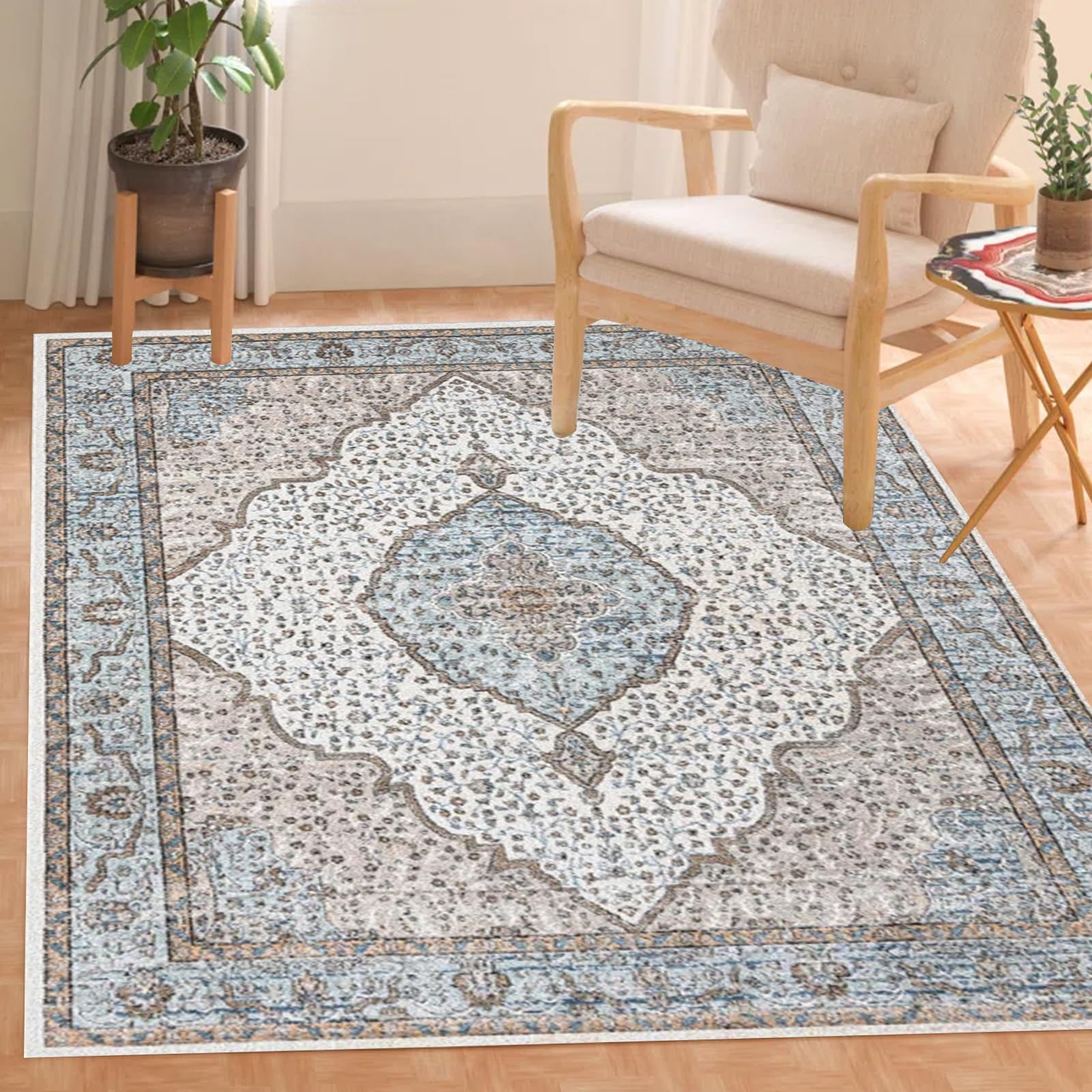 Large Soft Area Rug 2x4ft, Washable Living Room Rug, Low Pile Vintage Floral Carpets for Bedroom Living Room Dining Room, Non Slip Floor Mats for