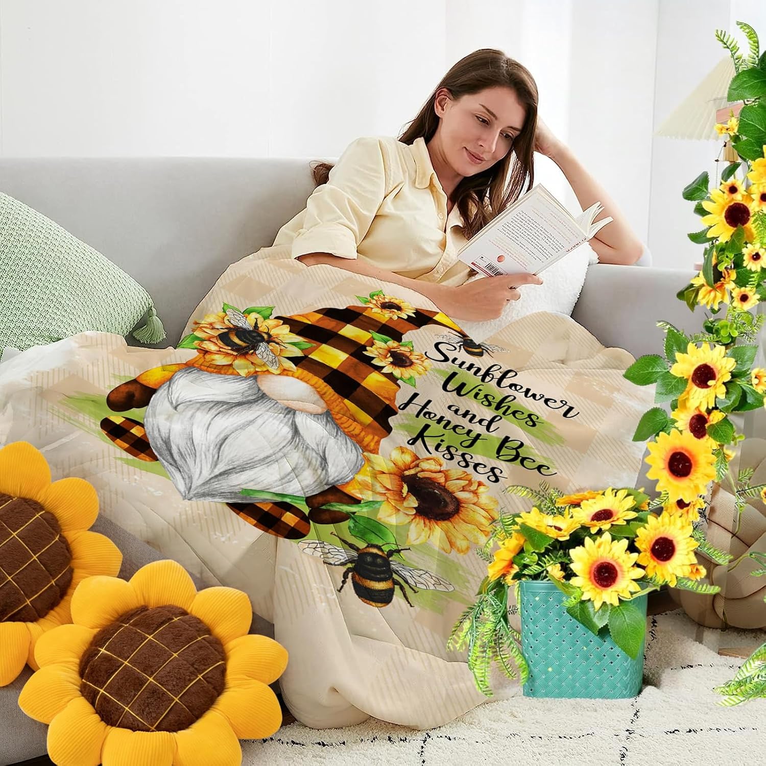 Spring Sunflower Gnome Blanket, Gnome Gifts for Women, Valentines Birthday Gnomes Throw Blanket for Mom, Wife, Girls, Friends, Adults, Fleece Gnomes Blanket for Couch Sofa Bed 60''x50'' - Image 5