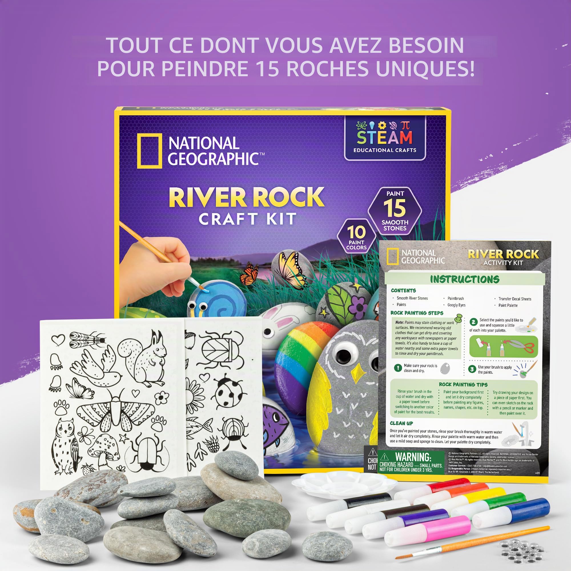 Klever Kit De Peinture Sur Pierres – 10 Roches, 18 Peintures, Paillettes Et Autocollants – Dès 3 Ans