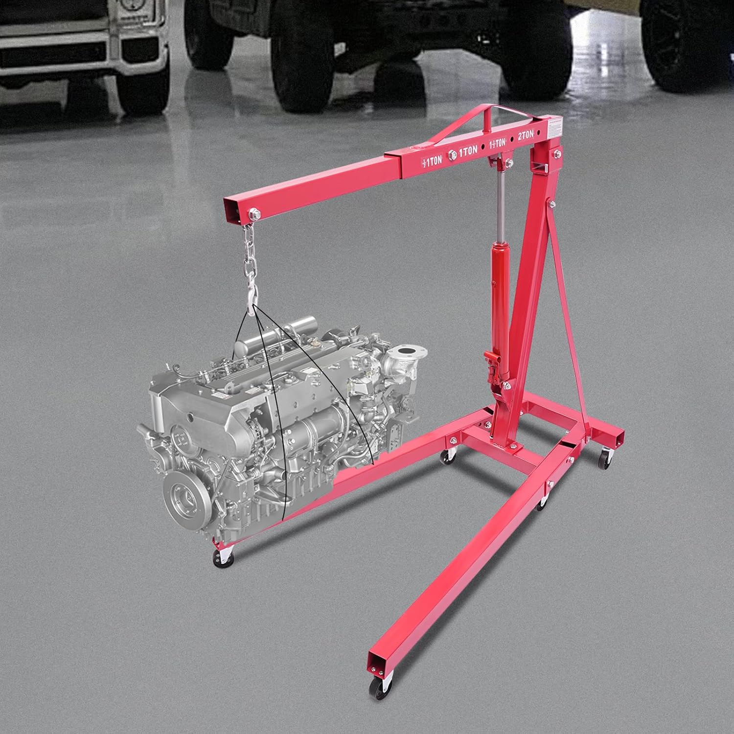 (Similar Too)1 Ton Hydraulic Engine Hoist, Folding Hydraulic Crane Cherry Picker Shop Crane Heavy Duty Carbon Steel with 6 Iron Caster Wheels for Garage, Workshop,Engine Lifting (Red, 1T) 1T Red