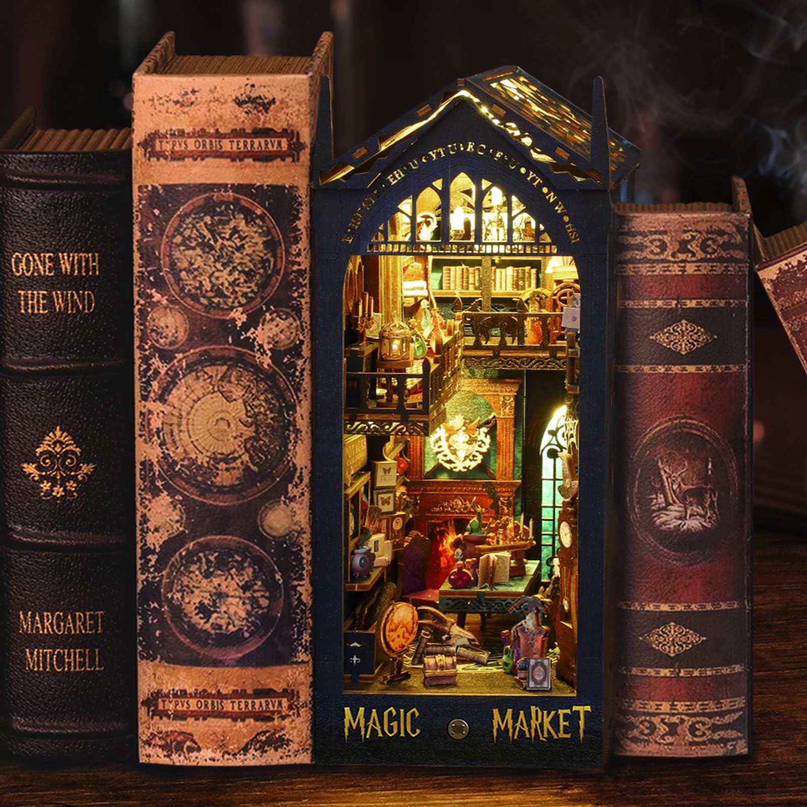 BuzzoXerex Kit Book Nook, Casa Miniatura DIY, Casa Miniatura de Madera, Kit Rincón de Libros 3D en Miniatura con Muebles y Luces LED para Decoración del Hogar Regalos Creativos (Magic Bazaar)