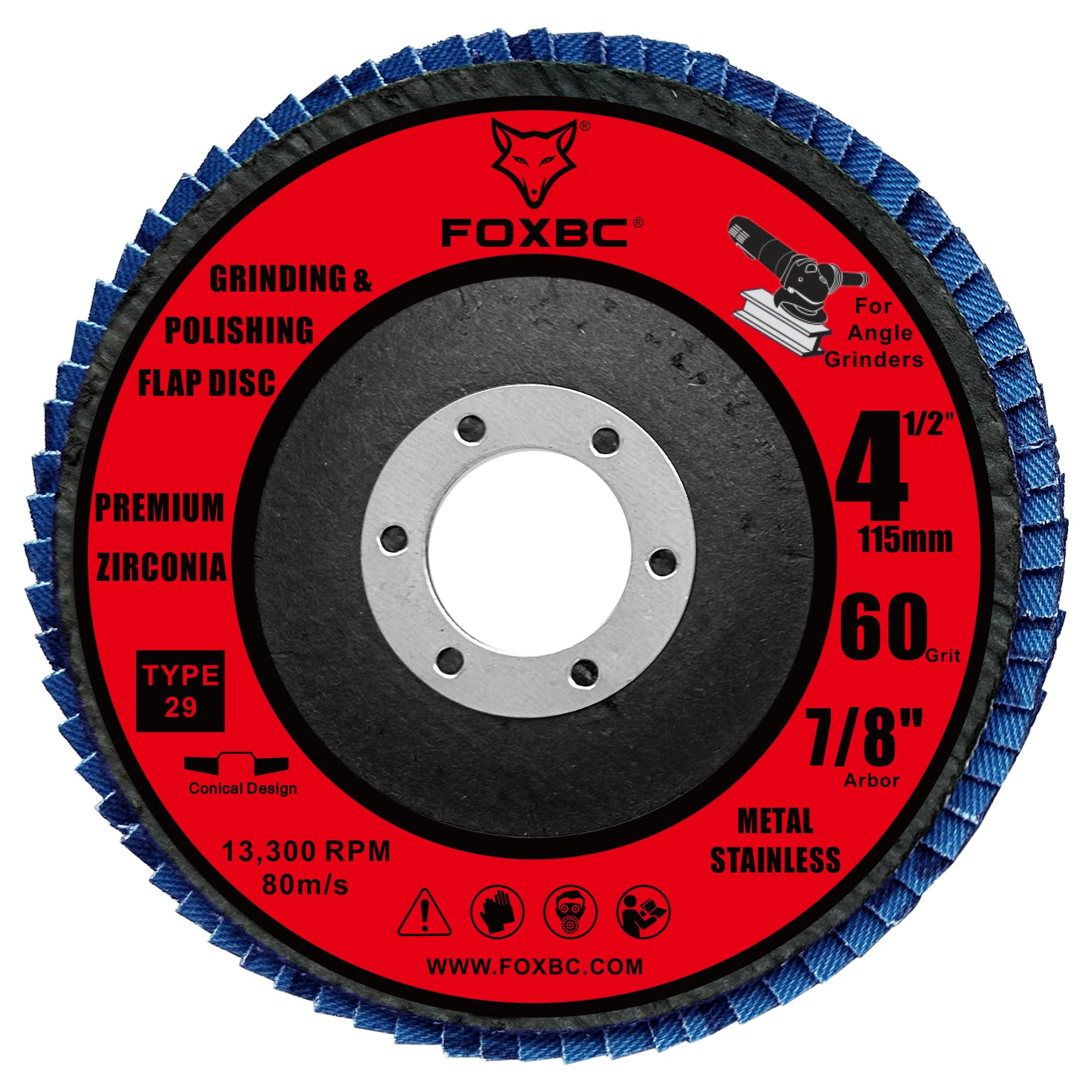 FOXBC Lot de 10 disques à lamelles grain 60 pour meuleuse d'angle, type 29, oxyde de zirconium de qualité supérieure, meulage et polissage pour métal, 10 pièces