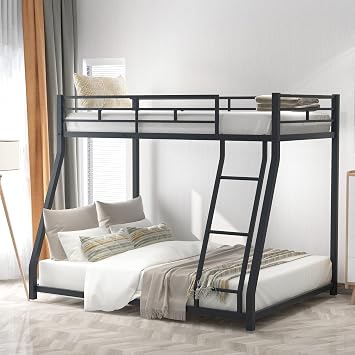Twin Over Full Metal Bunk Bed with Safety Guardrail & Ladder for Kids/Adults,Floor Bunkbeds,Sturdy Steel Bedframe,No Box Spring Need,Perfect for Dorm,Bedroom,Guest Room,77.1"x55.9"x53.7" Black