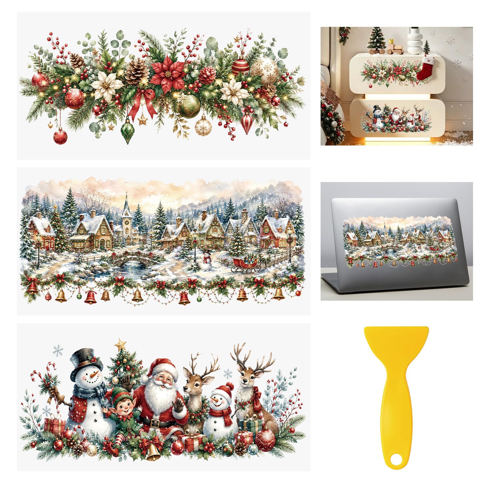 HICOHAND Rub On Transfers for Crafts, 3pcs Christmas Scenery Theme Transfers UV DTF Stickers Waterproof Decals for Christmas Wood Door Window DIY Home Decor