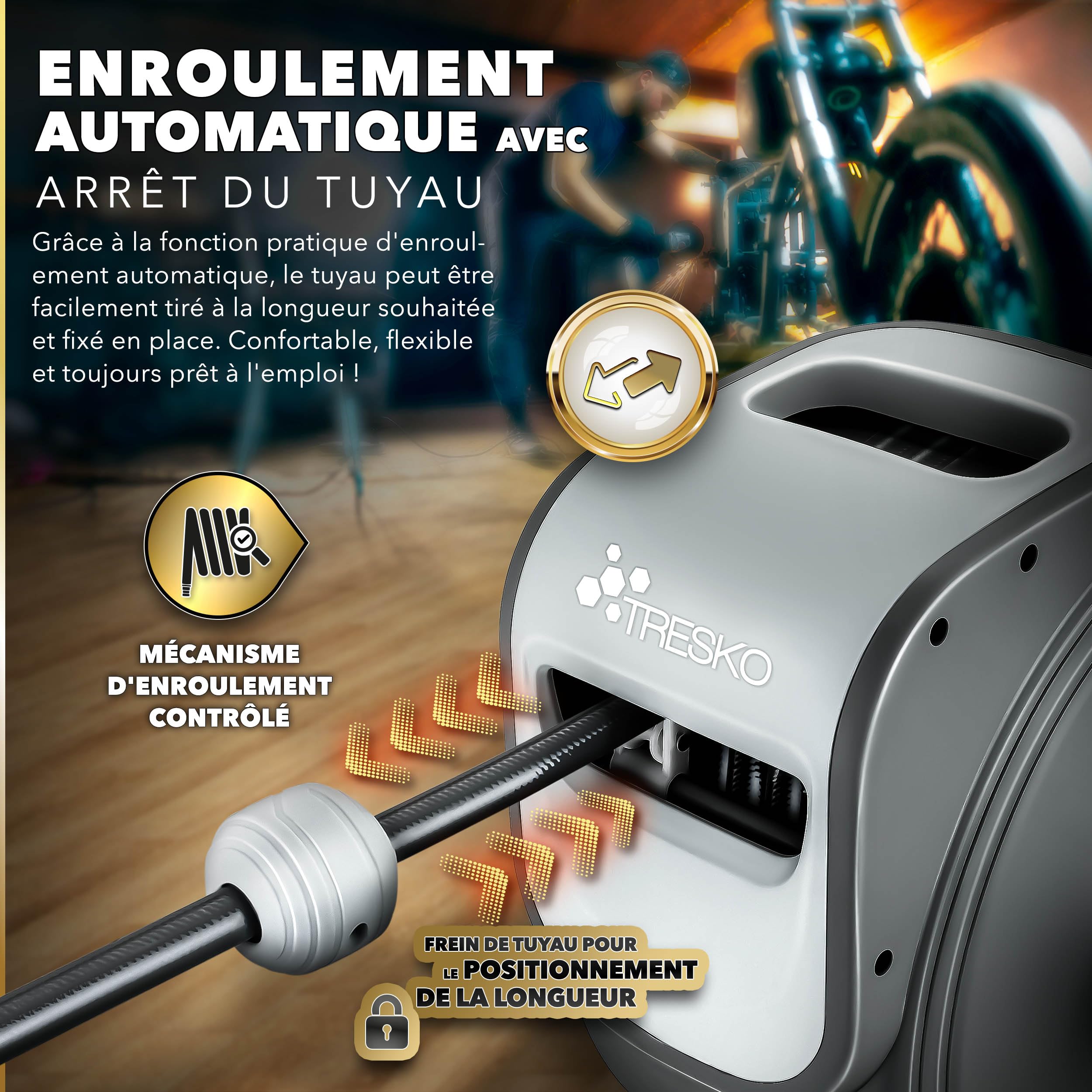 TRESKO® Enrouleur automatique de Tuyau à air comprimé 30m | Connexion 1/4" | Dévidoir Tuyau Automatique Mural, Gris
