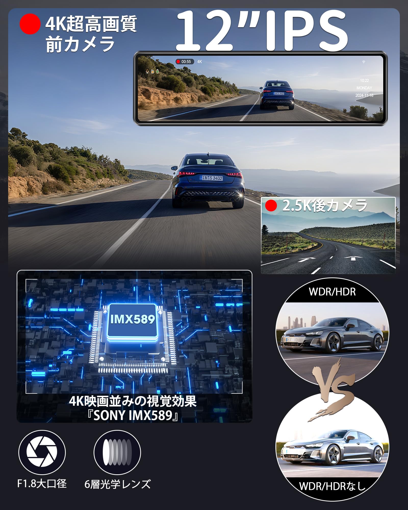 Amazon.co.jp: 【WIFI機能&4K】12インチドライブレコーダー ミラー型