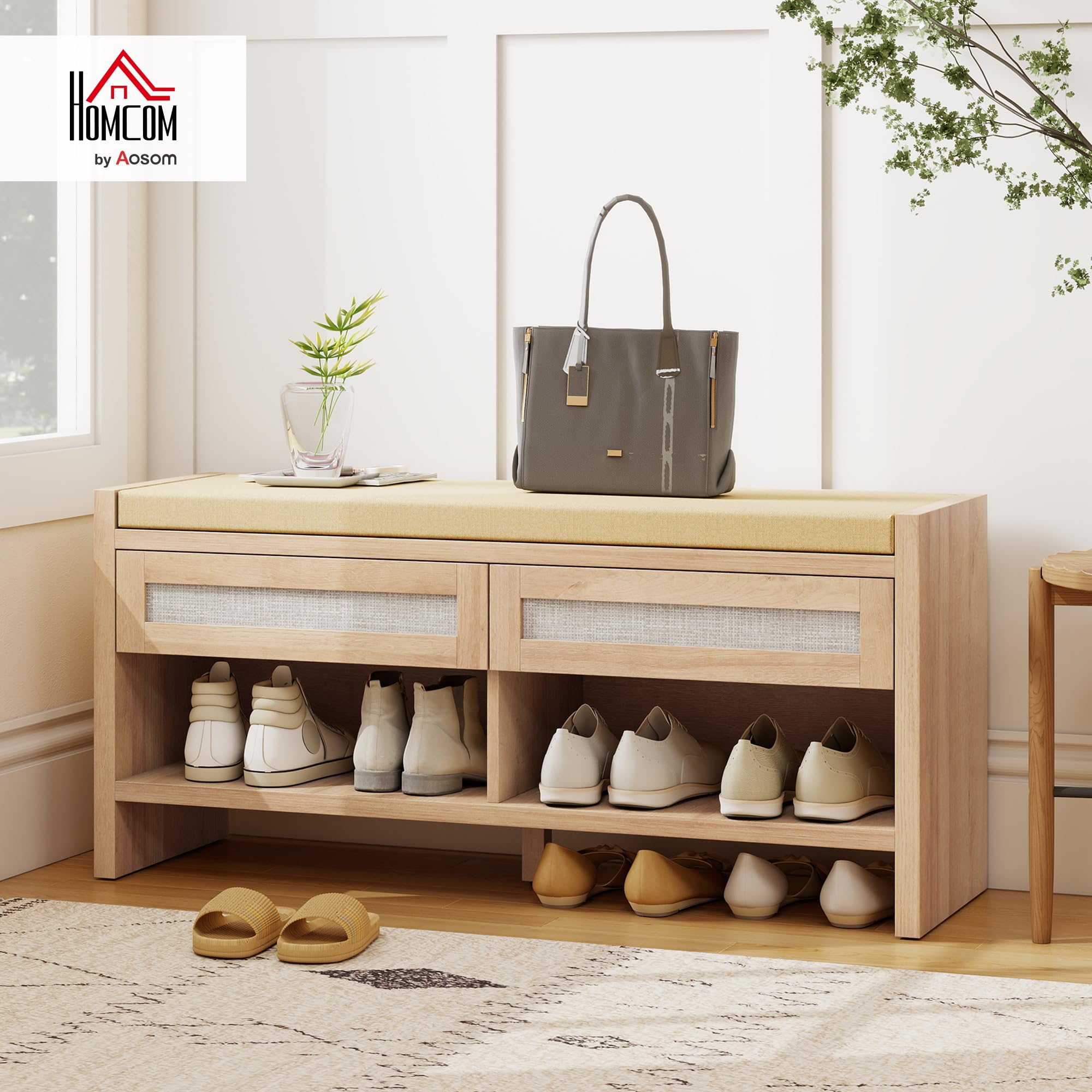 HOMCOM Banco Zapatos 2 cajones ratán 105x35x50cm Efecto Roble | Banco de almacenamiento boho, asiento acolchado aspecto lino, estante abierto, entrada, pasillo, sala de estar, dormitorio