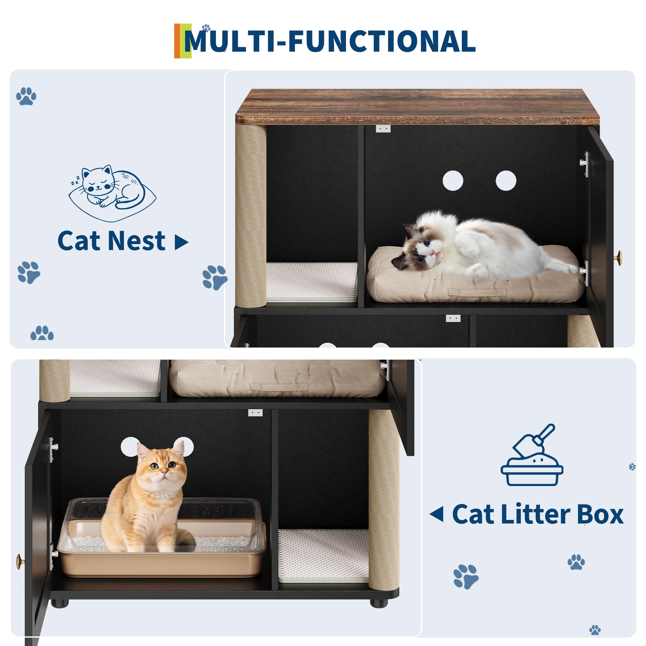Garvee Armoire d’Angle Double pour litière de Chats – Meuble fermé à 2 Niveaux avec Tapis antidérapants et griffoir – Rangements hygiéniques pour Chats – Bois Noir Basique – Modèle Noir Basique