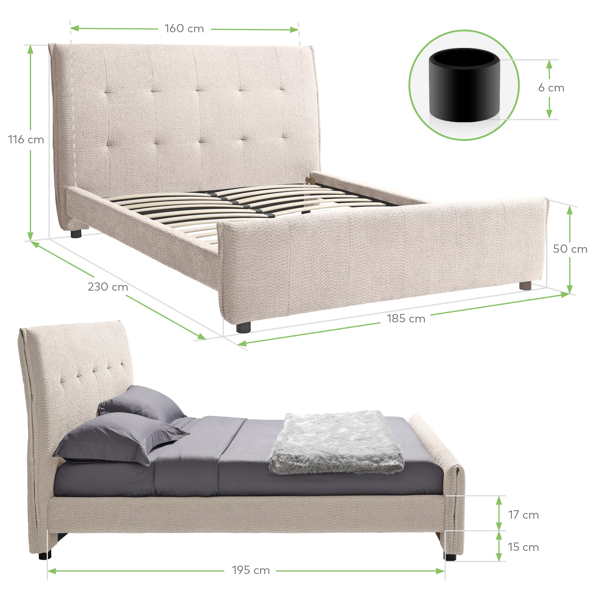 EVERGREENWEB - Letto Matrimoniale con Materasso Memory Foam + 2 Cuscini GRATIS, Rete a 26 Doghe in Legno 160x195 cm, Elegante Testiera Imbottita in Tessuto Morbido Beige, Struttura Rinforzata, DALLAS