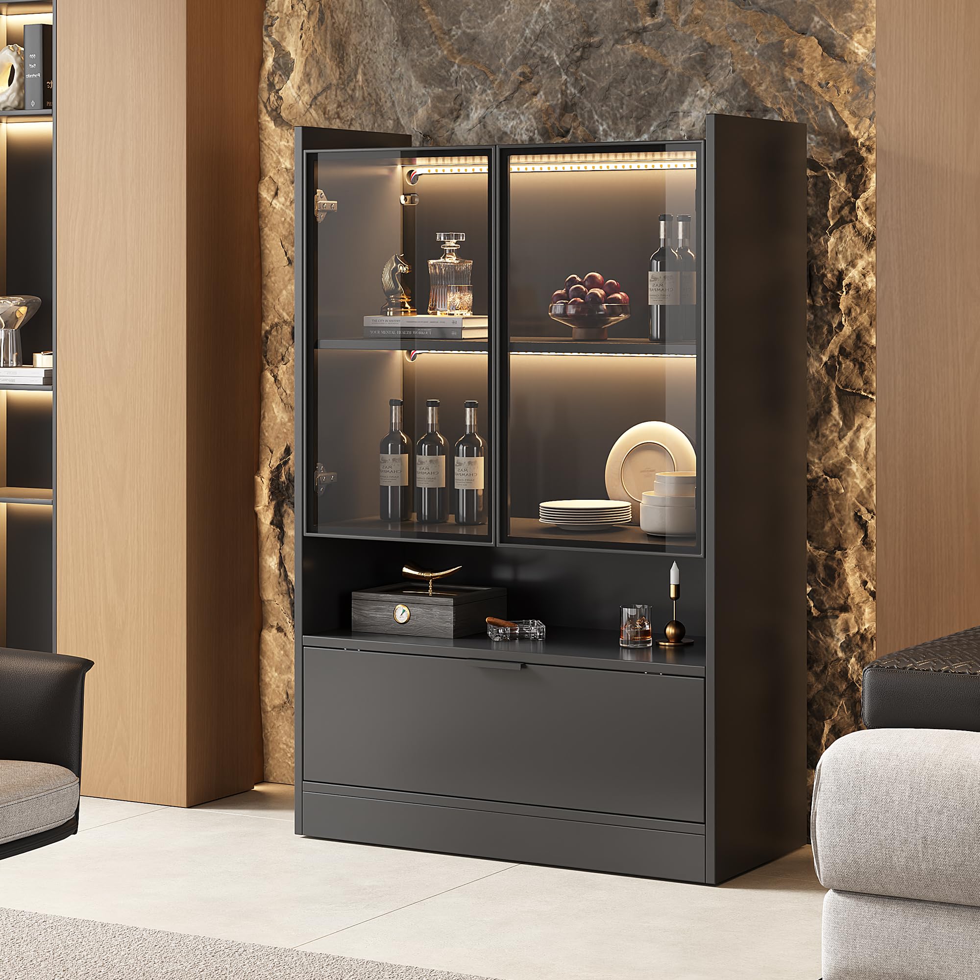 Vitrina moderna con LED, color negro mate, altura 120 cm, con iluminación LED de 16 colores, vitrina de cristal con iluminación, armario de salón con puertas de cristal y puerta abatible