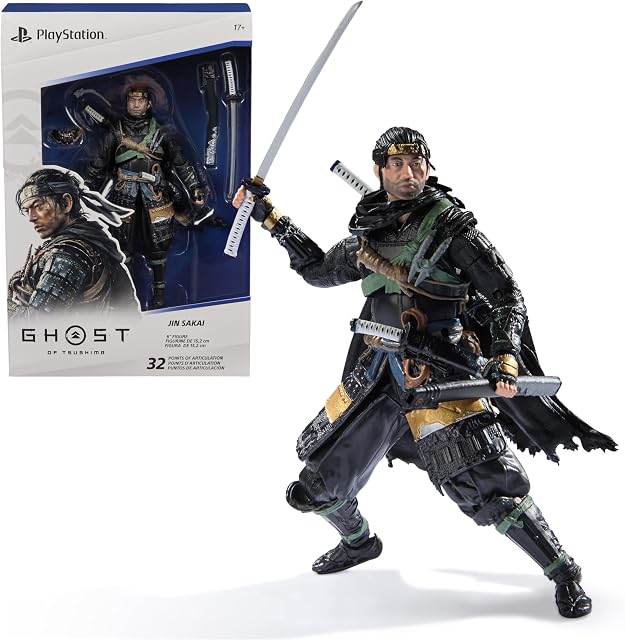 PlayStation, Ghost de Tsushima, 6” Jin Sakai Samourai Figure d'action & 2 Accessoires, La Collection Formes, pour PS5 Ventilateurs & Collectionneurs Âges 17+