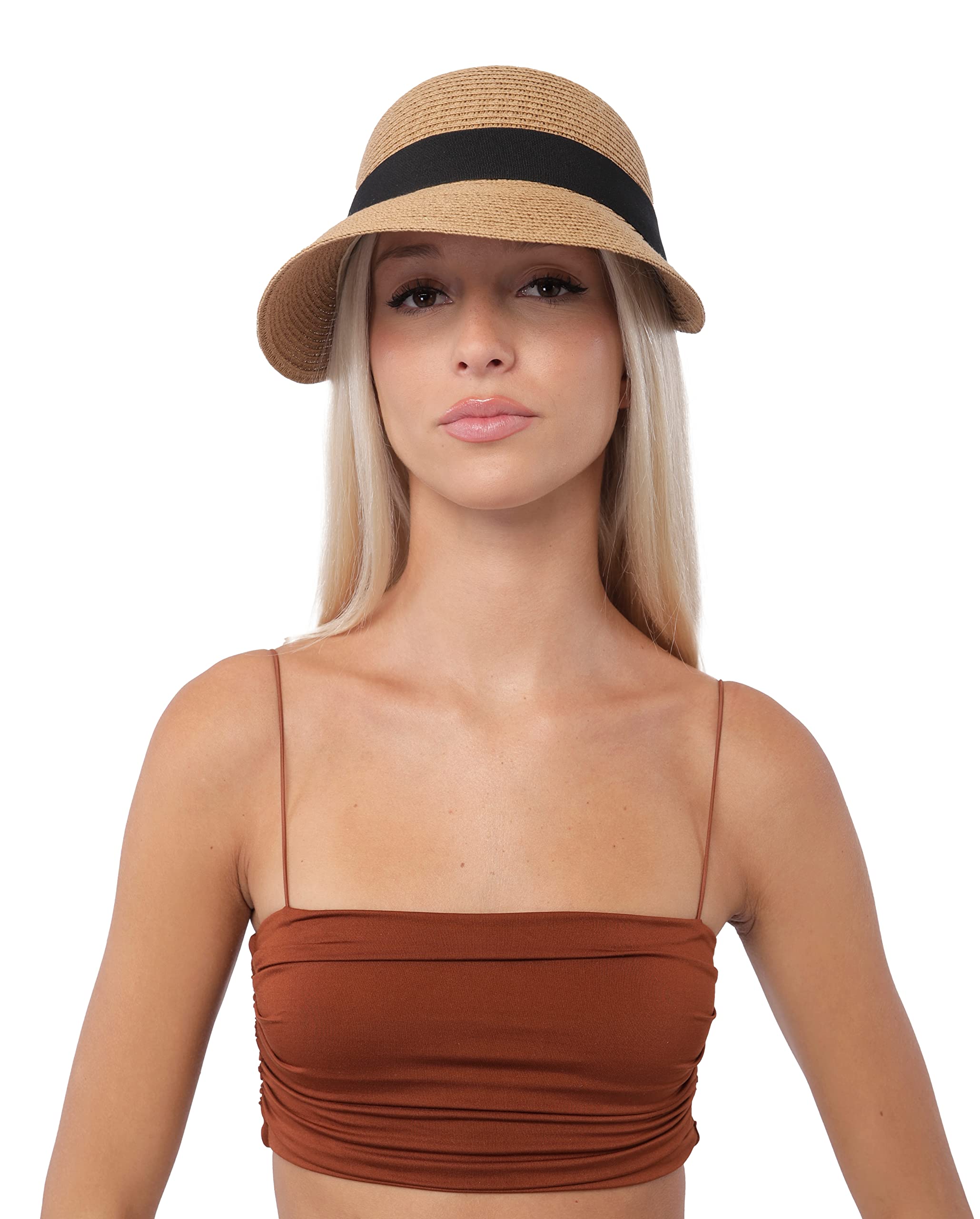 Sombrero Playa Mujer para Sol, Visera Mujer de Paja Papel para el Sol, Pamela Plegable con ala Ancha para Vacaciones y Viaje, Talla única