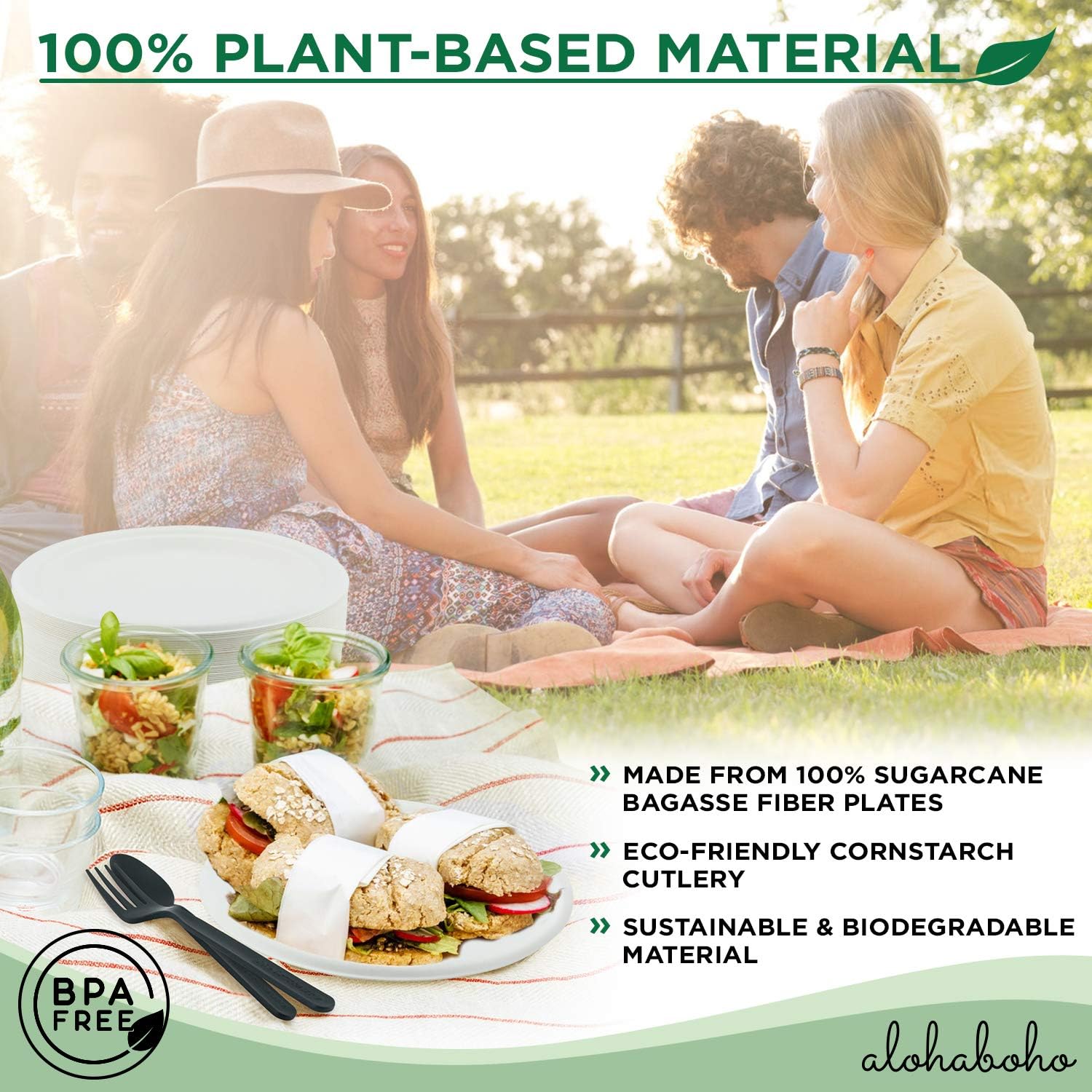 New Deal 250 Pieces Disposable Dinnerware Set, Compostable Sugarcane Cutlery Eco-Friendly Tableware Includes Biodegradable Paper Plates, Forks, Knives and Spoons Combo for Party, Camping, Picnic (Black)