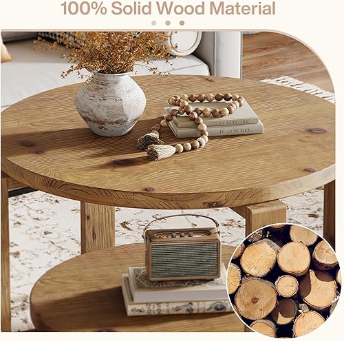 Miniatura 4 de Mesa de centro de madera maciza de 30 pulgadas, mesa de centro redonda pequeña con almacenamiento de 2 niveles para sala de estar, acento central