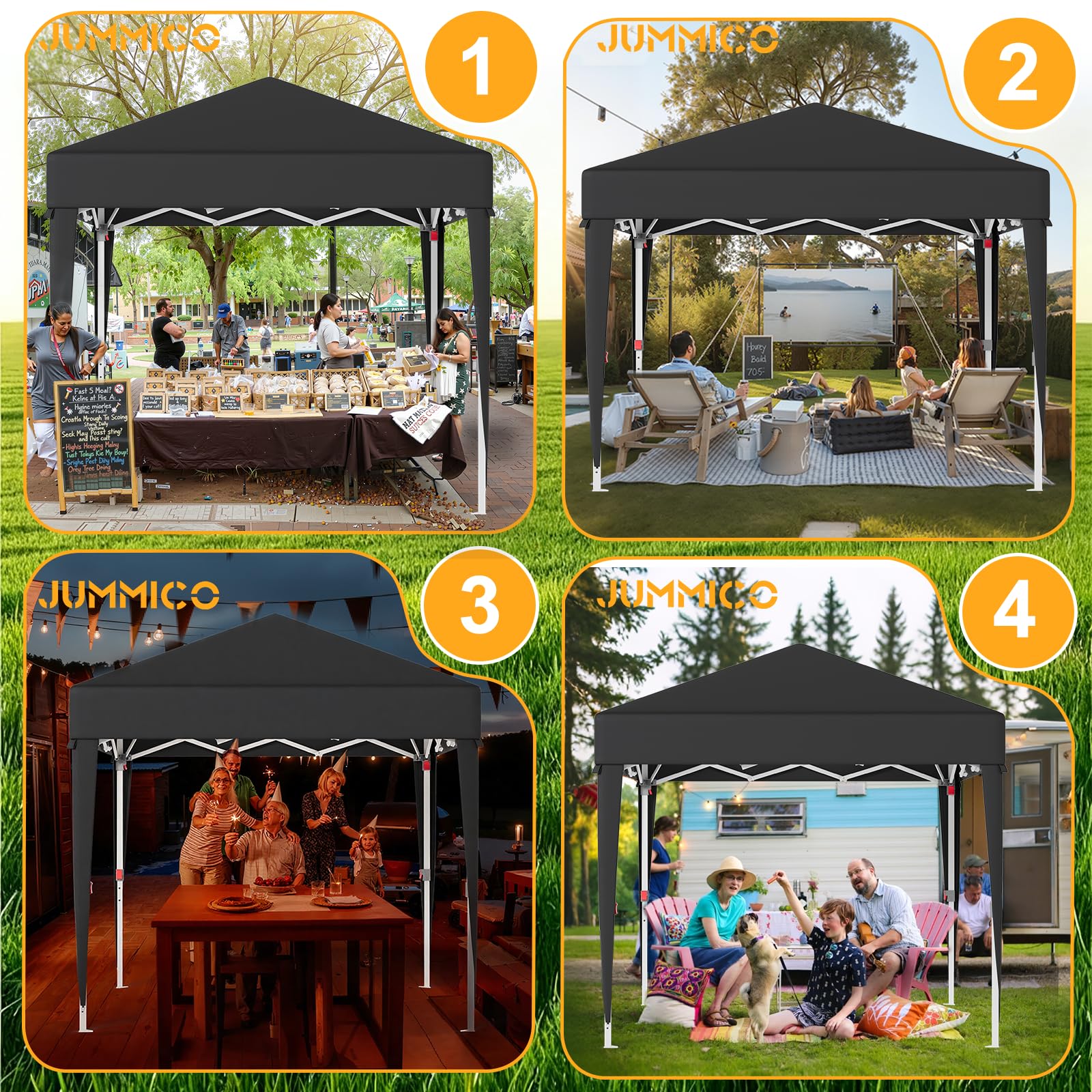 JUMMICO Gazebo Pieghevole 2x2 Piegatura e Riposizione Facili Protezione Anti-UV Altezza Regolabile Impermeabile e Stabile Ideale per Giardino, Campeggio, Feste e Altro Ancora Grigio