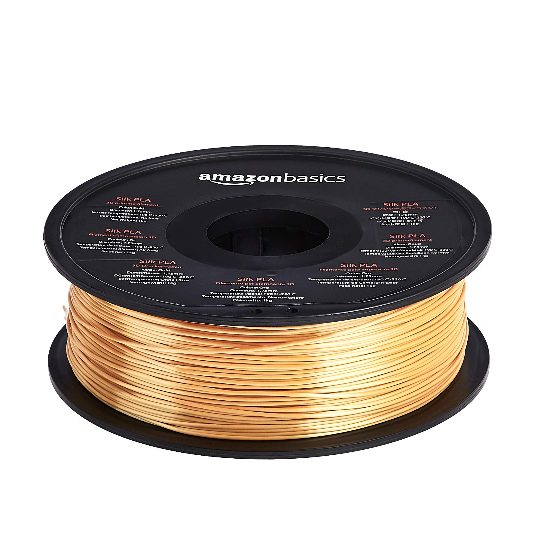 Amazon Basics Filamento per stampanti 3D, in polilattato (PLA), 1.75 mm, 1 kg per bobina, Oro (effeto seta)