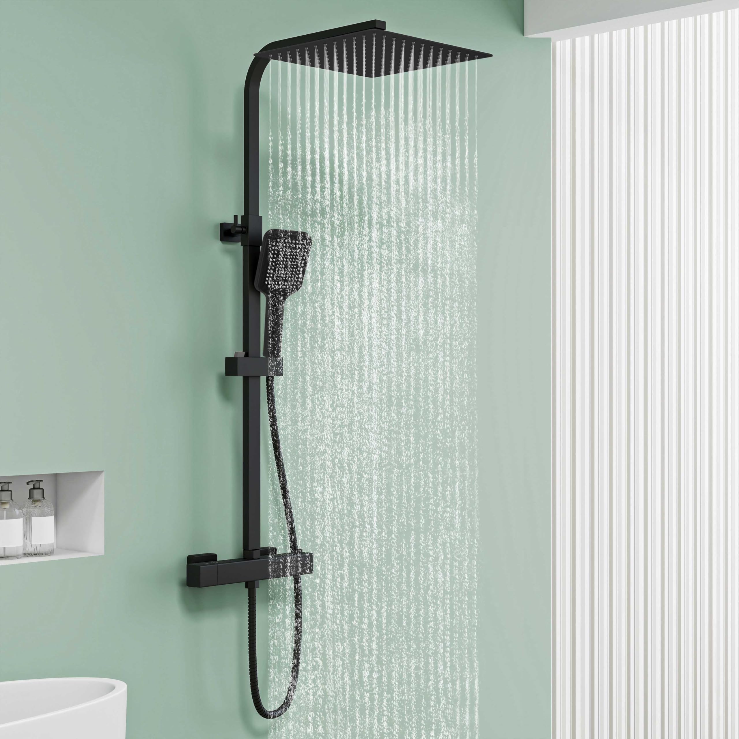 AICA Ensemble de Colonne de Douche Thermostatique pour Salle de Bain, avec pommeau de douche 30x30 cm,Robinet de Douche Thermostatique, Laiton, Chromé, Hauteur Réglable 725 mm-1175 mm (Carré 2)