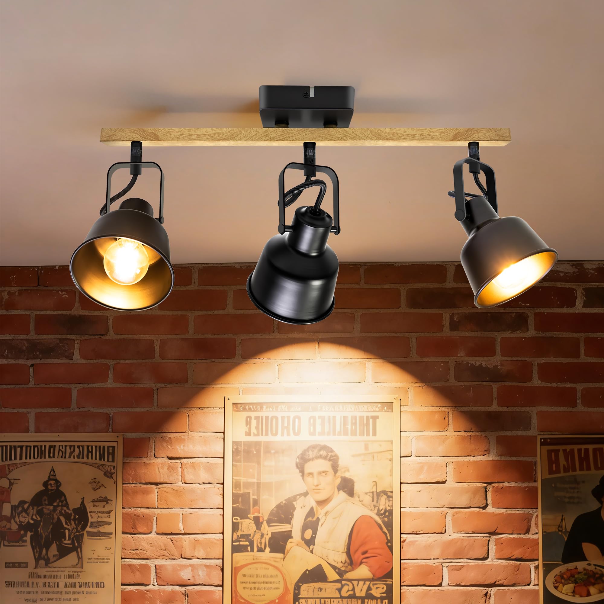 Deckenstrahler 3 Flammig Schwenkbar 350° LED Deckenleuchte E14 Fassung Industrial Holzmaserung Schwarz