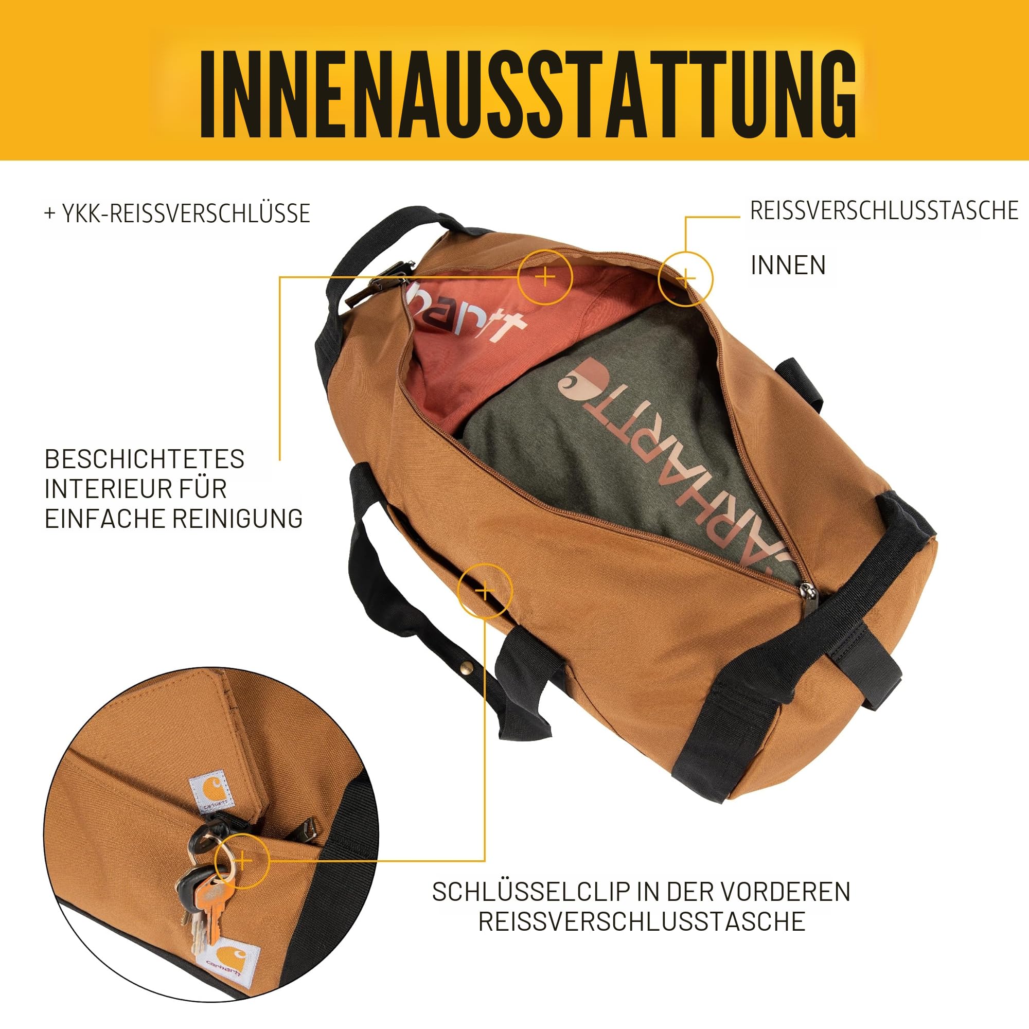 Carhartt Klassische runde Reisetasche mit Mehrzwecktasche, strapazierfähig, wasserabweisend, verstaubar, für Baustelle, Fitnessstudio und Reisen