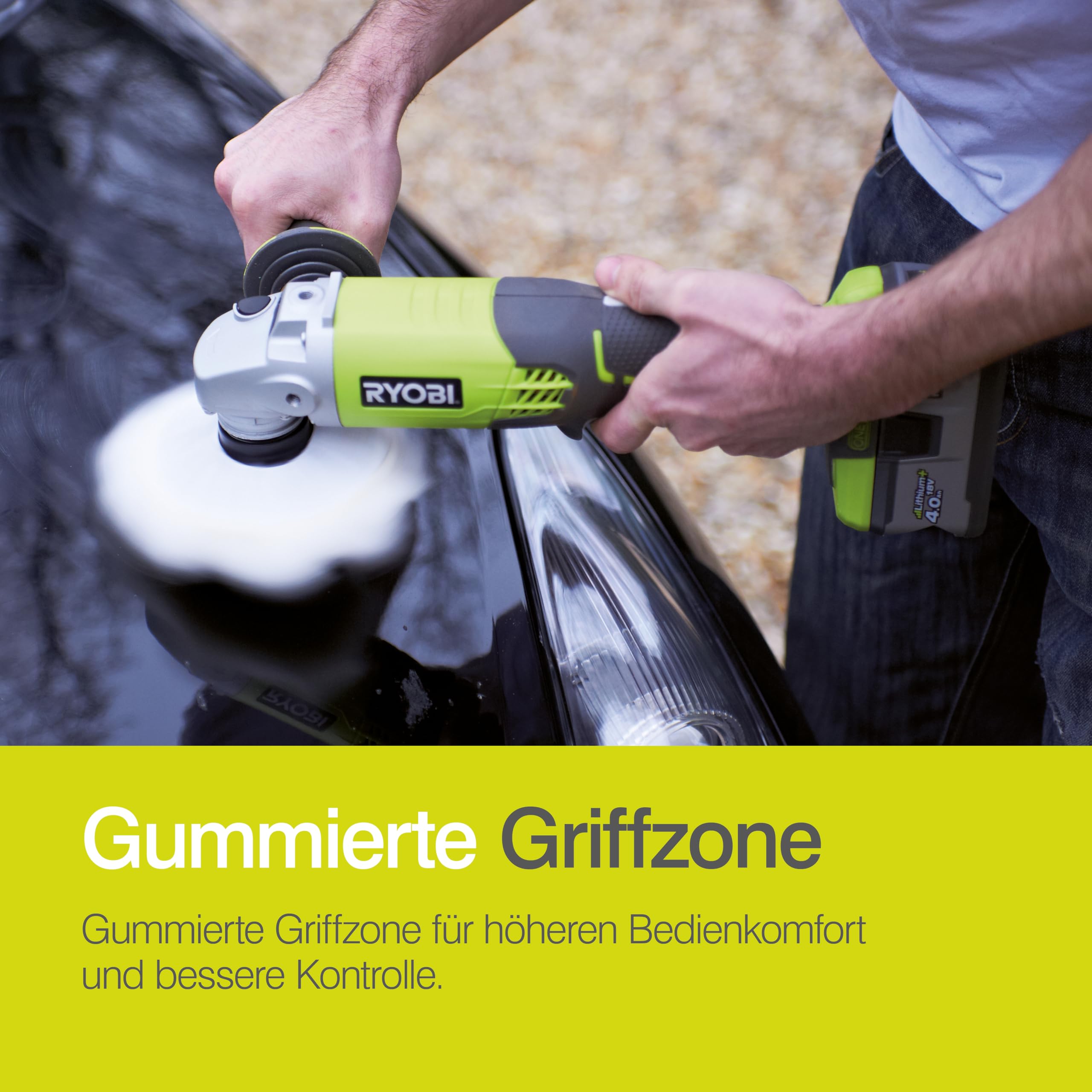 RYOBI 18 V ONE+ Akku-Winkelschleifer R18AG-0, kabelloses Schleif- und Trennwerkzeug, 7500 U/min, kraftvolle Metall-, Stein- & Fliesenbearbeitung