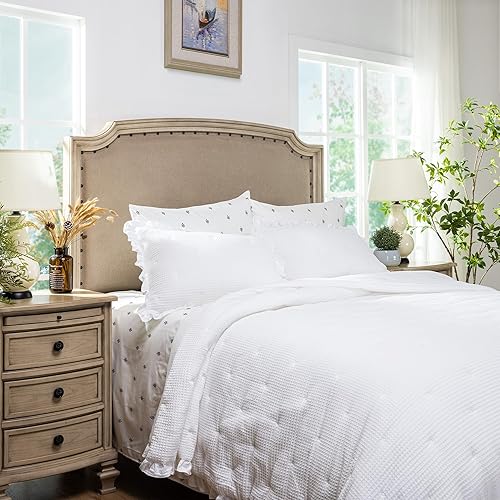 Miniatura 4 de ELEGANT LIFE HOME Waffle Collection - Edredón de algodón con bordado de punto gofre, tamaño Queen, 90 x 95 pulgadas, color blanco