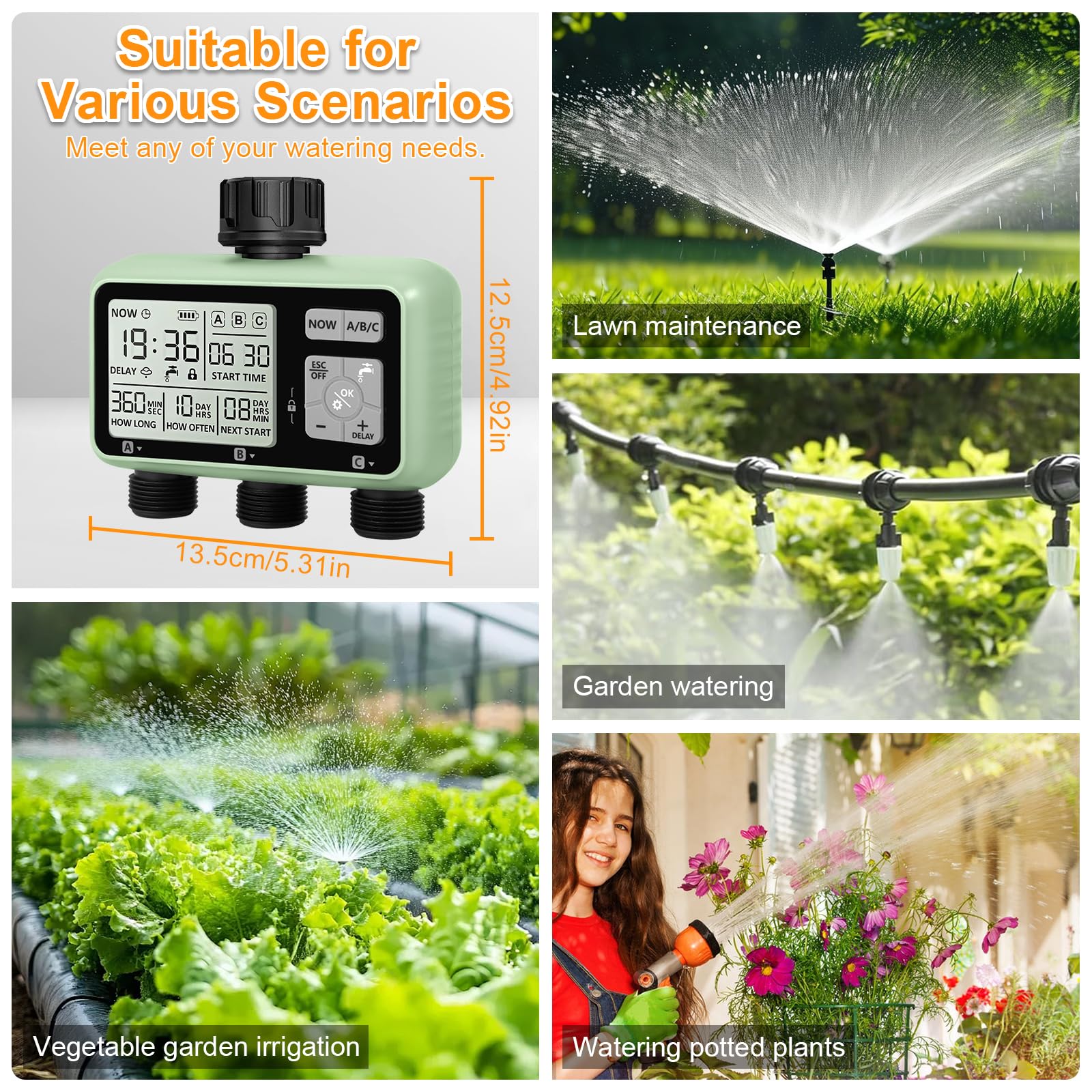 Automatischer Bewässerungstimer, Gartenbewässerungstimer mit LCD Display, 3 Strecken Wasserhahn Timer anschließen, Kindersicherungsmodus, Verzögerte Bewässerung Nach Regen, IPX5 Wasserdicht