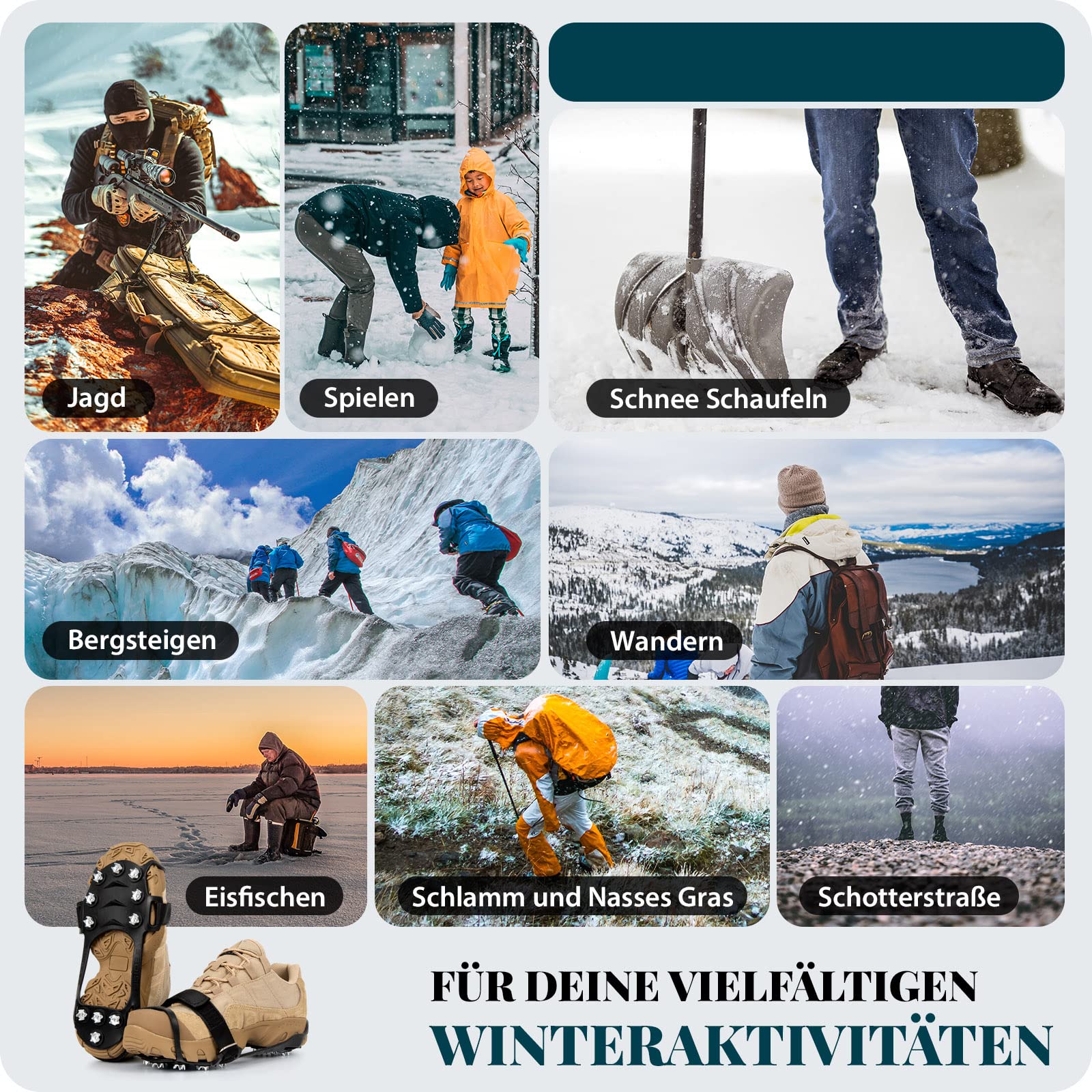 HIKENTURE Grödel Steigeisen für Bergschuhe, Schuhspikes mit 11 Edelstahl Zähne Spikes, Schuhe Spikes Anti Rutsch, Crampons, Ice Klampen für Wandern, Trekking, Schnee, EIS, Winter Outdoor