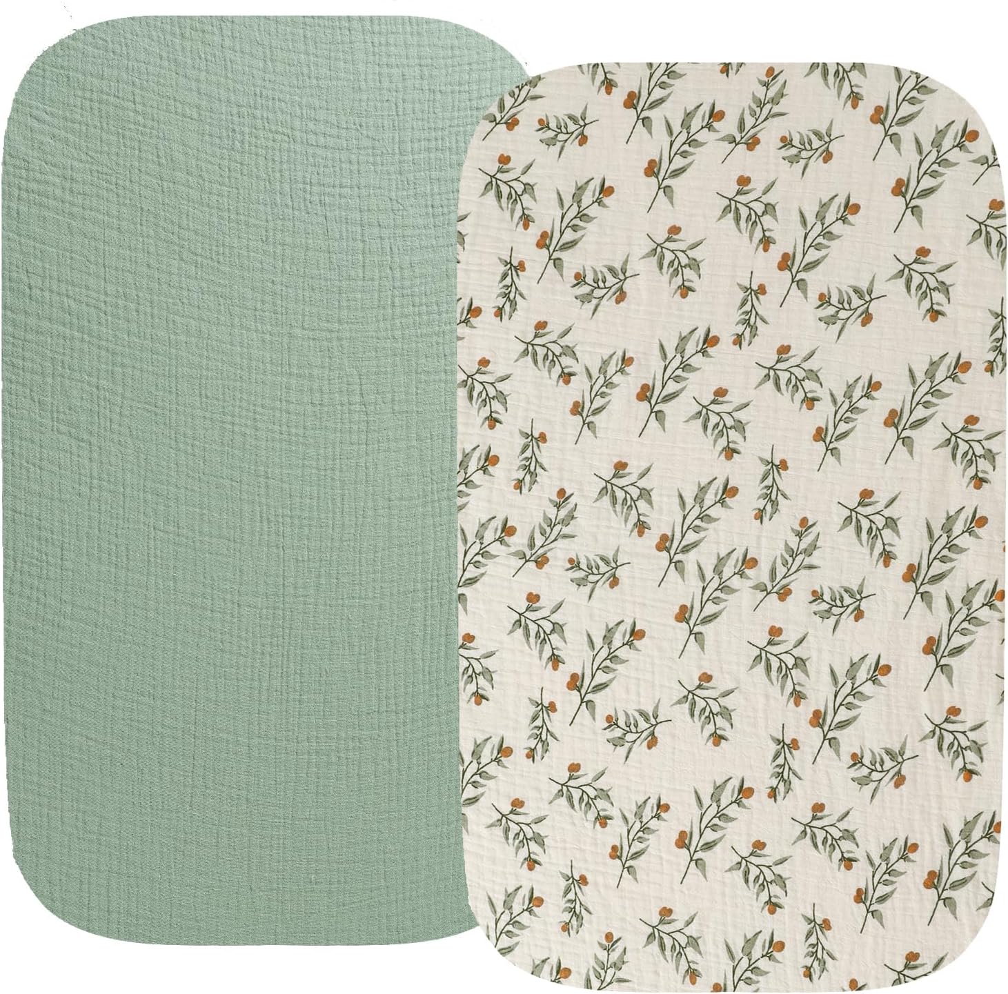 Muslin Bassinet Sheet Compatible with Besrey, MiClassic, Yamesmile, GoFirst Lil Pengyu, Baby Joy Baby Bedside Crib, 2 Pack Cotton Fitted for Roman Green & Botanical Leaf