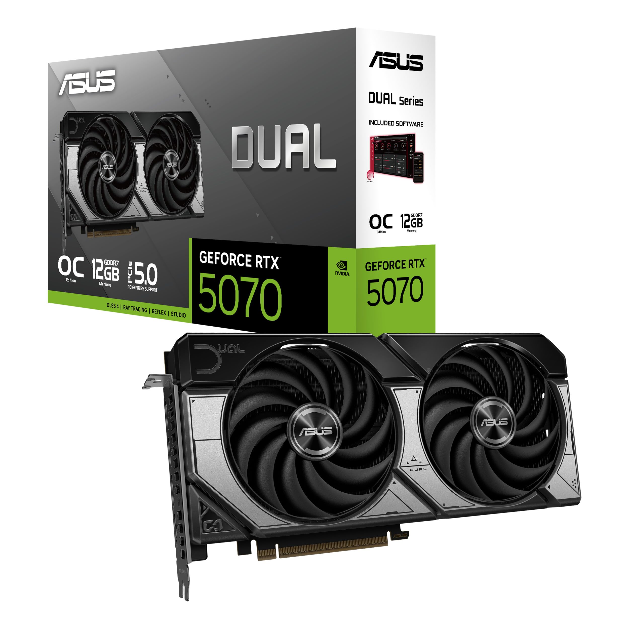 ASUS Dual GeForce RTX 5070 12 GB GDDR7 OC Edition - Tarjeta gráfica (PCIe 5.0, DLSS 4, HDMI 2.1b, DisplayPort 2.1b, diseño Compacto con Doble Ventilador, Ventilador Axial-Tech, tecnología 0dB)
