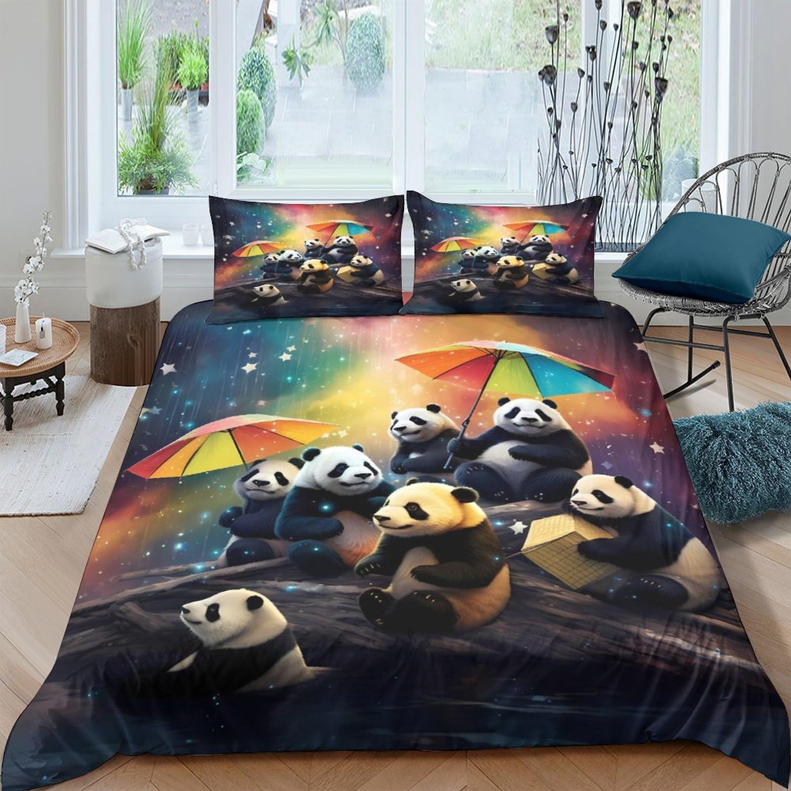 Ctjqhvkz Style-8 3D Printed Panda With Umbrella Fitted Sheet Microfiber Soft Colorful Cartoon Bed Cover For Bedroom Dorm Decor Single（135X200cm）
