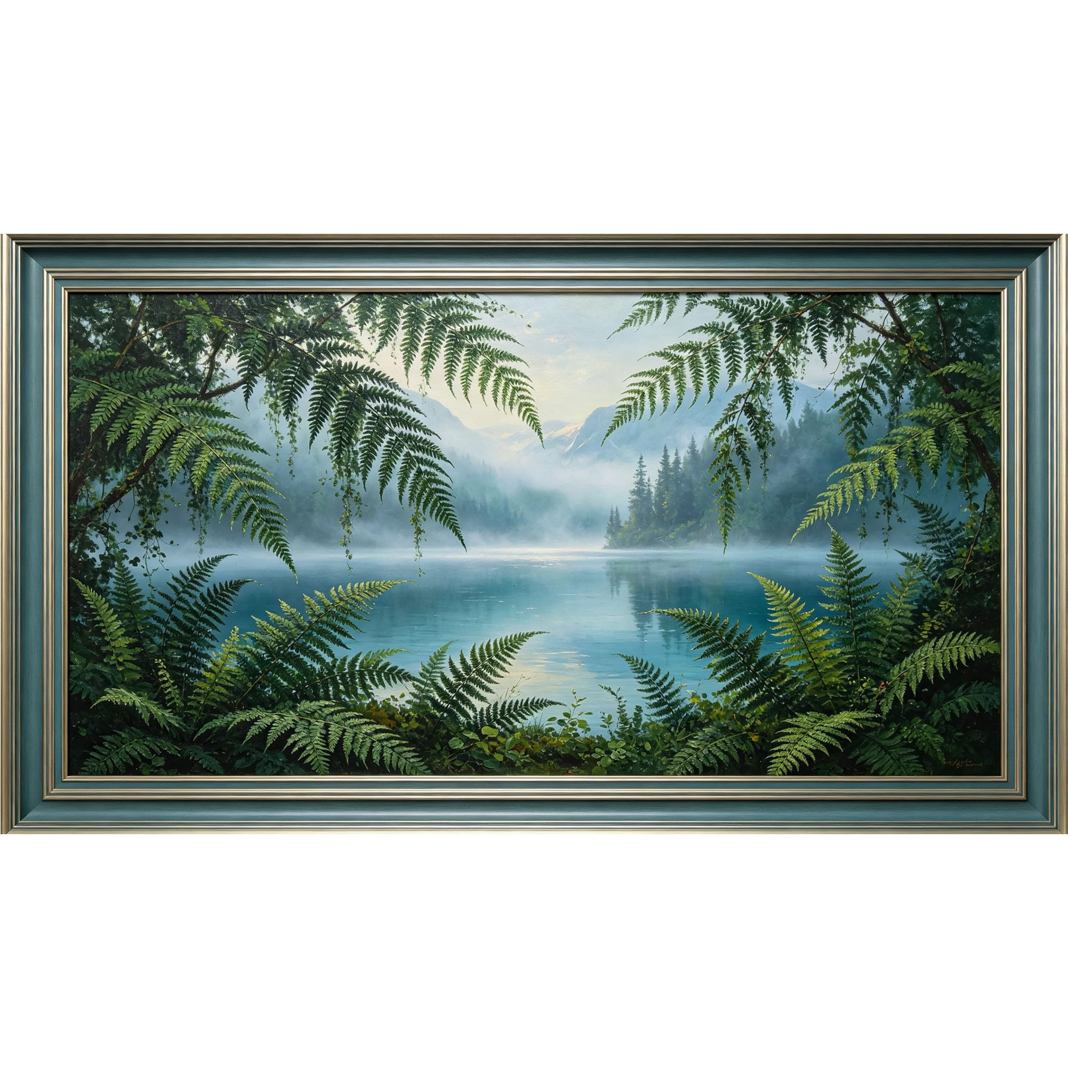QZLITHOTIC 50×100cm 3D Framed Wall Art， Botanical Misty Lake Landscape Self?Adhesive Mural， Water?Activated Peel & Stick Fabric Decor Wall Decal for Bedroom Living Room