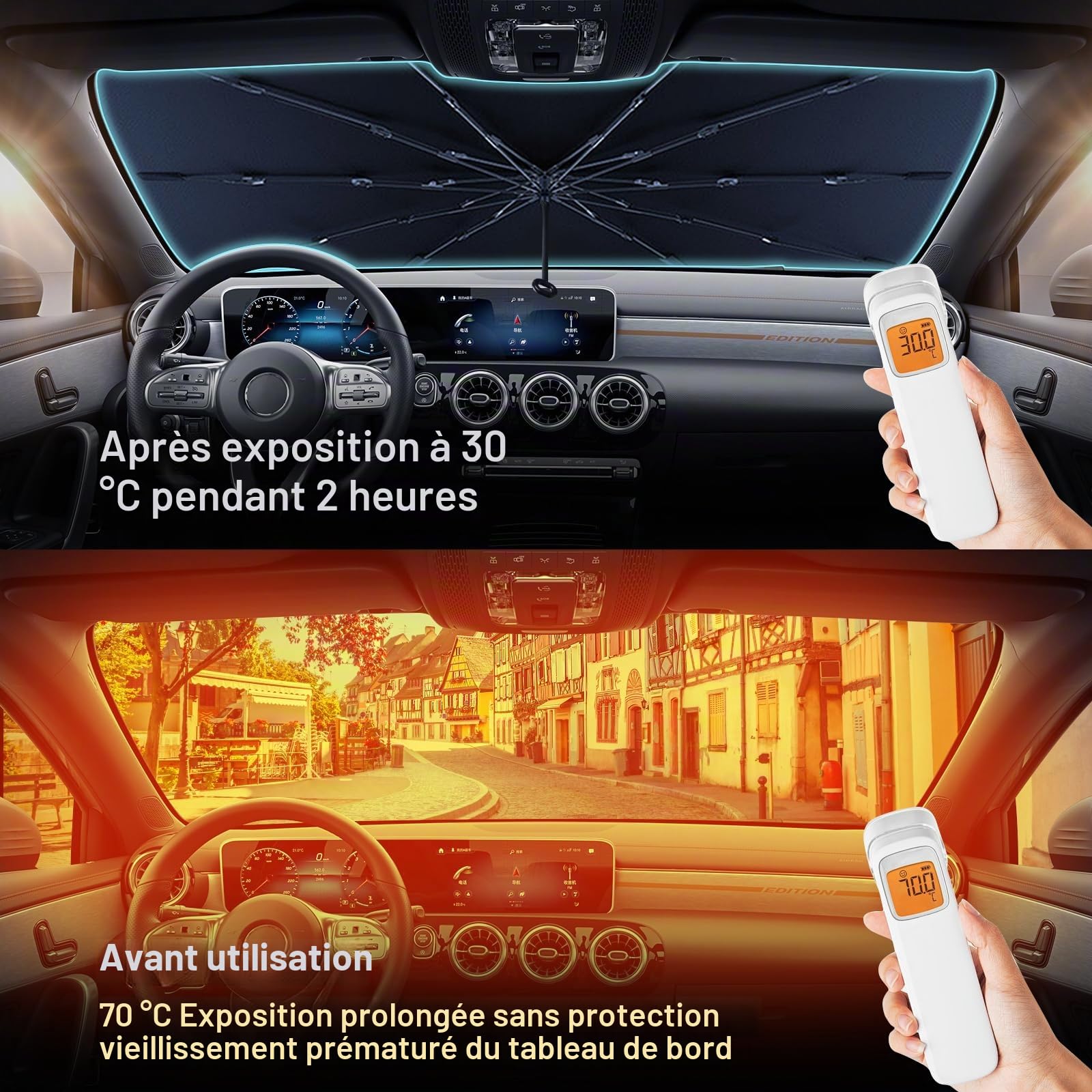 Pare-Soleil pour Pare-Brise de Voiture Pliant Pare-soleils pour Pare-Brise Avant Auto avec Coins en Cuir Anti-Rayures 145x 85 cm Protection Solaire idéale pour SUV et Tous Types de véhicules