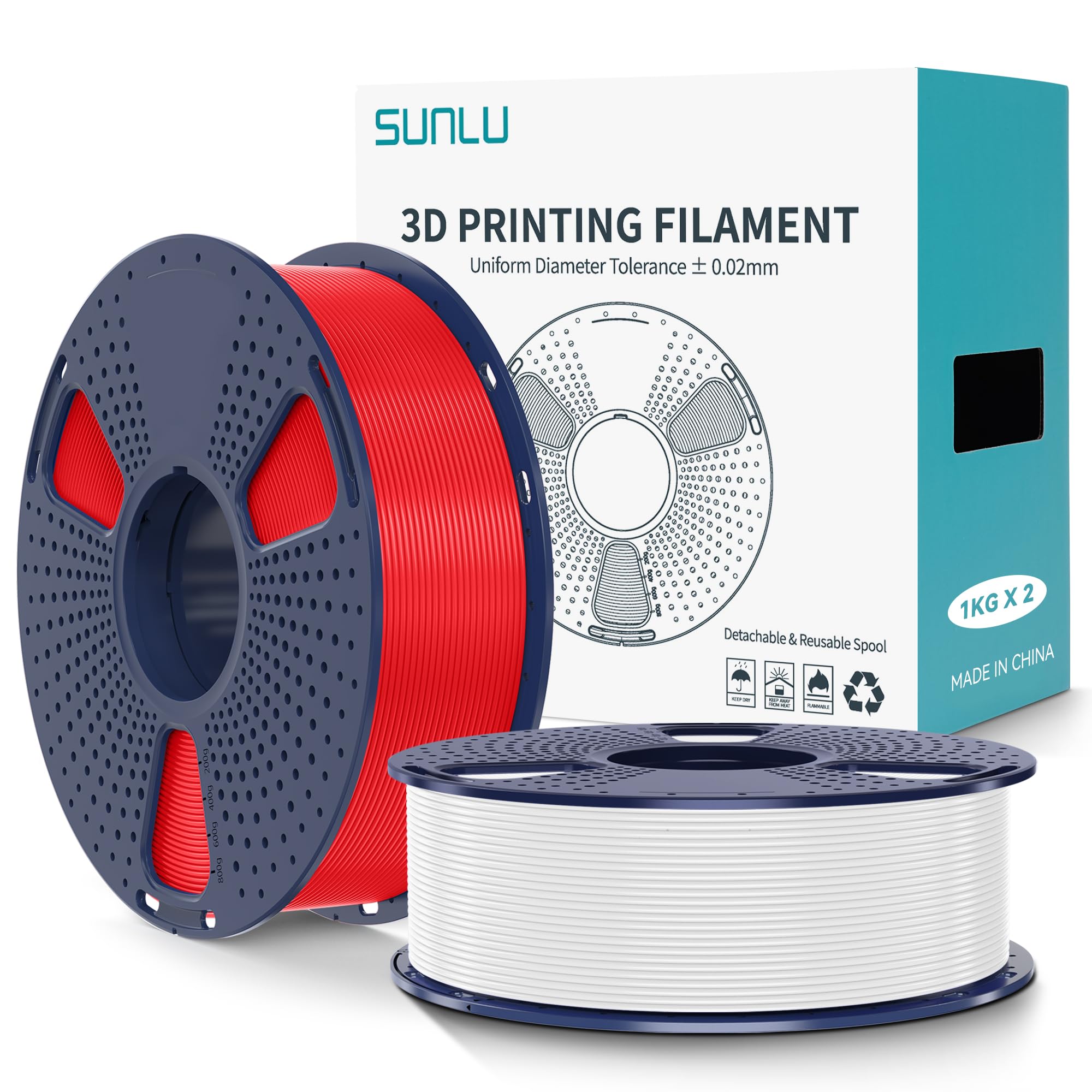 SUNLU PLA+2.0 Filamento per stampante 3D, Filamento PLA Plus di Aggiornamento 2KG, Precisione dimensionale +/- 0.02 mm, Bobina da 1kg (2.2LBS), 2KG in Totale, Bianco+Rosso