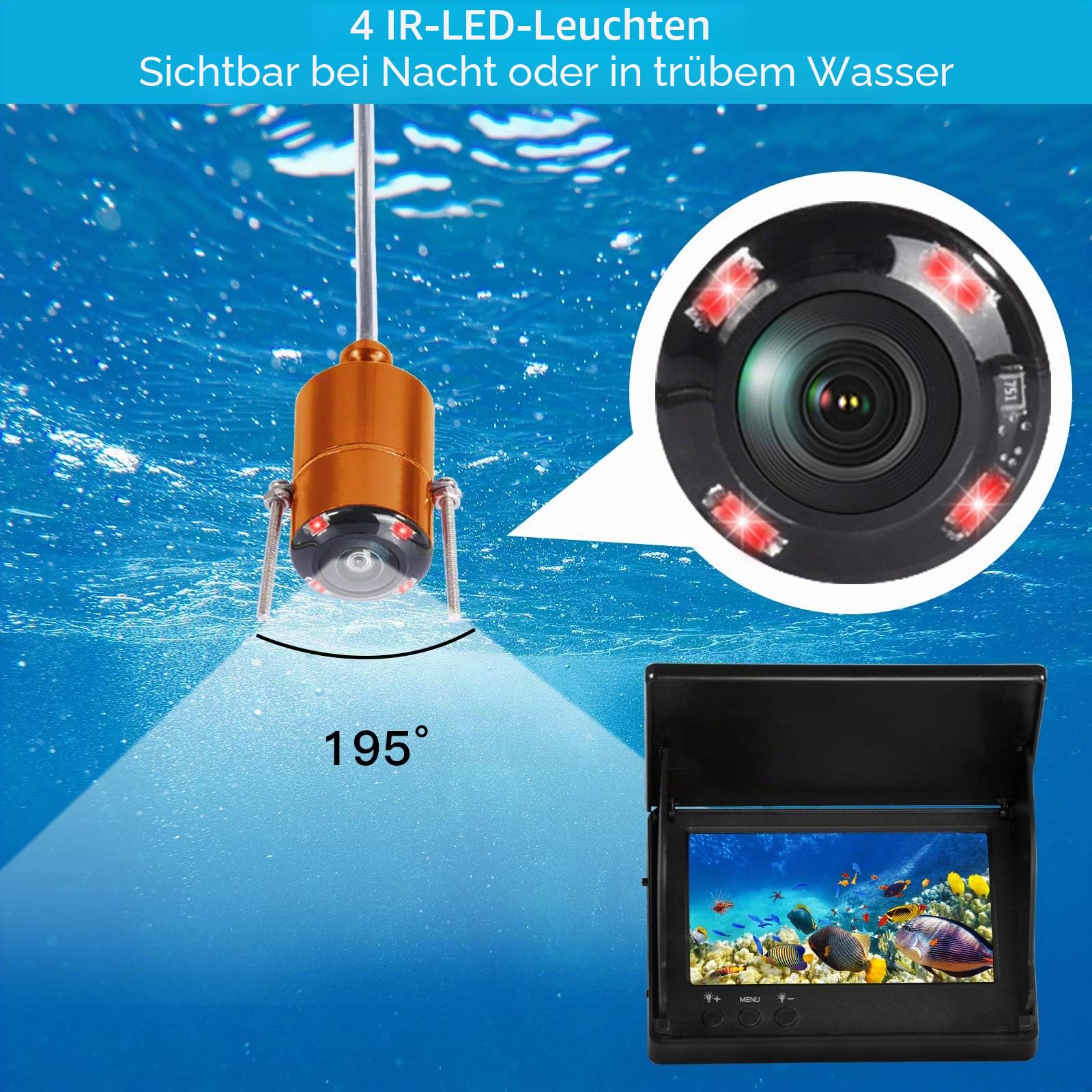 Fish Finder Kamera Unterwasser-Angelkamera mit 4,3 Zoll IPS Display für Eis, Fluss und Boot