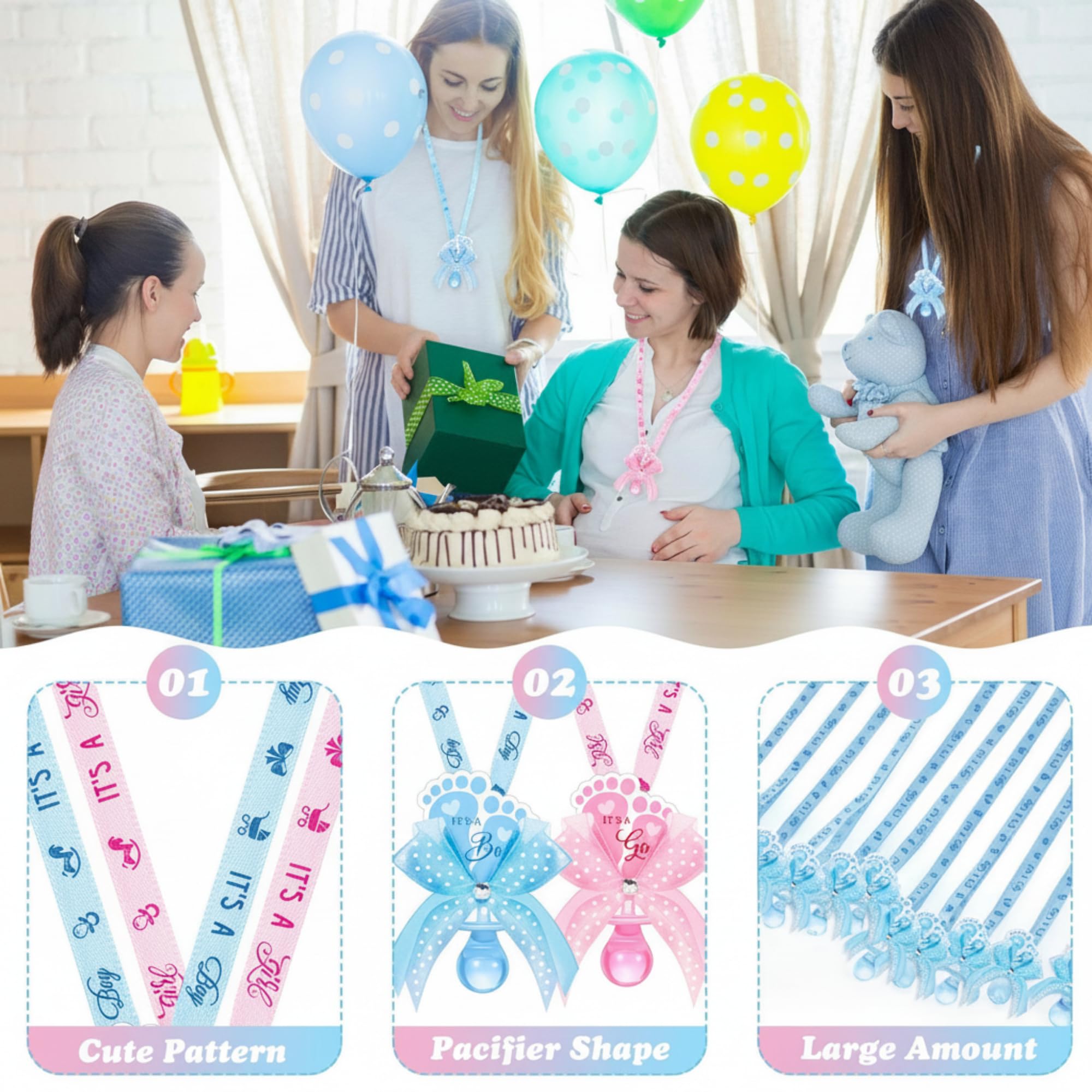 XunYee 36 collares para chupete de baby shower, lindos pies, acrílicos, revelación de género, collar de chupete para decoración de baby shower, revelación de género, mesa de distribución de fiestas,