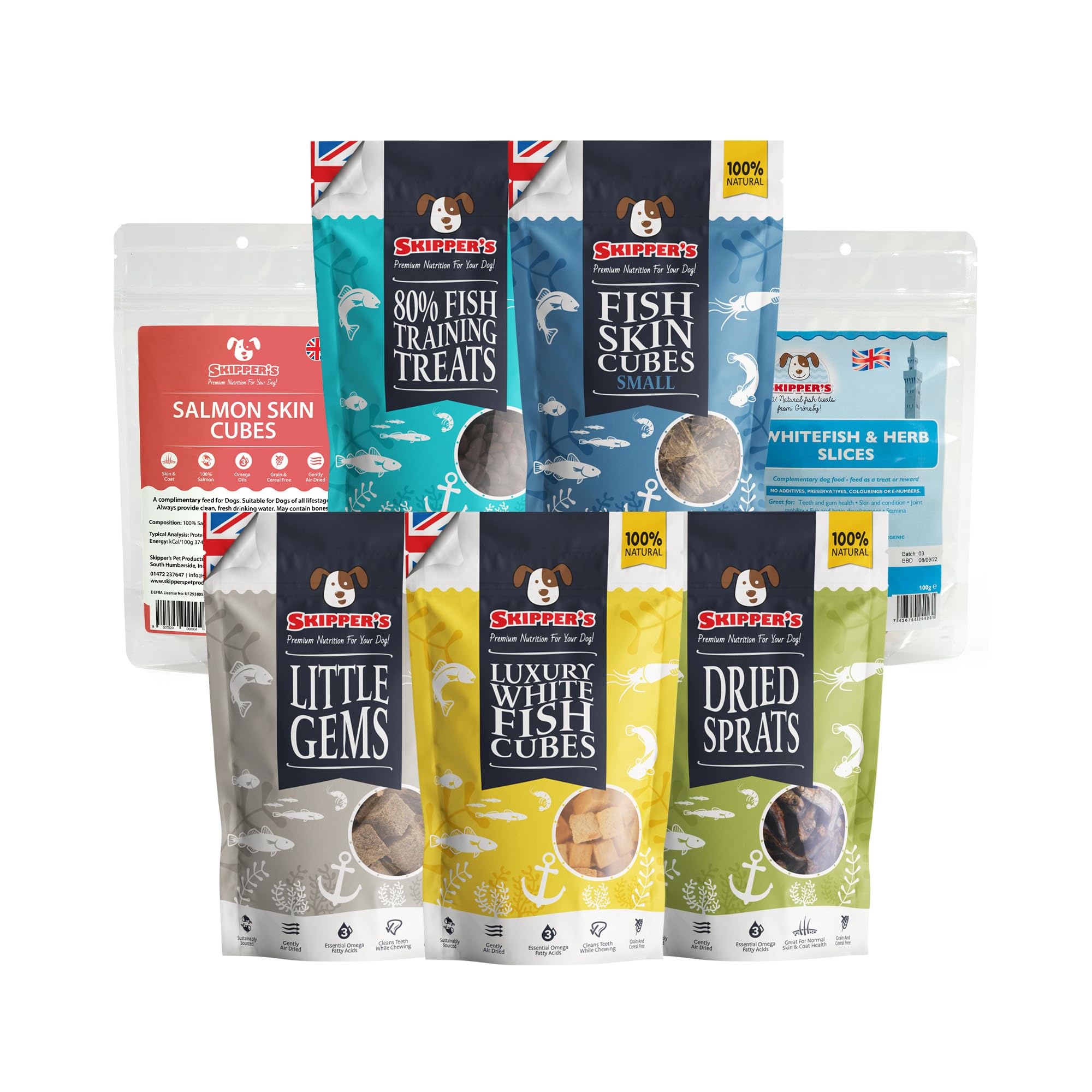 SKIPPER'S Dog Training Treats Bundle - Fish Skin Cubes, Dried Sprats, Little Gems, Salmon Supremes, Rich in Omega Oil & Gently Air Dried Treats | Cereal & Grain Free Healthy Food for Dogs — image 1
