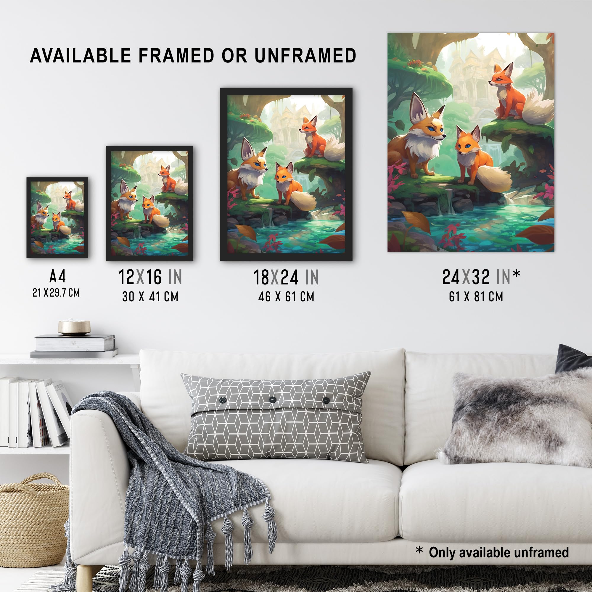 Artery8 Three Kitsune Fox Spirits Painting Orange Pink Green Blue Playful Mythical Creatures Perched By River in Lush Forest Landscape Large Wall Art Poster Print Thick Paper 18X24 Inch - Image 3