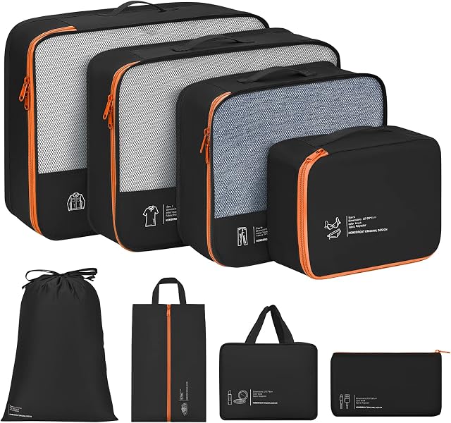 Homsorout Packing Cubes 8 Pack Travel Bags Organiser Suitcase Organiser Bags Travel Cubes with Label Shoe Storage Bags Laundry Bag